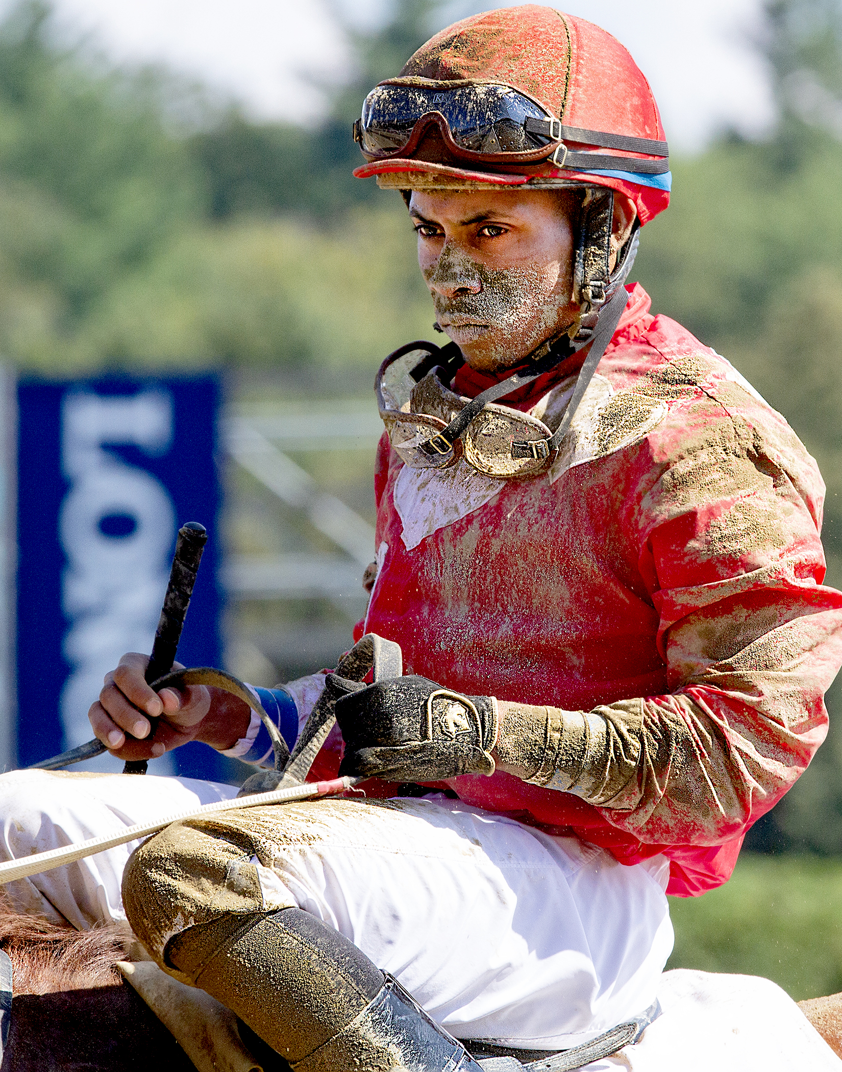 "Mud on Manny (Jockey Manuel Franco at Saratoga Race Course, Aug. 2019)" (Saratoga Race Course, Saratoga Springs, NY  - August 2019), photograph by Debbie Krohl