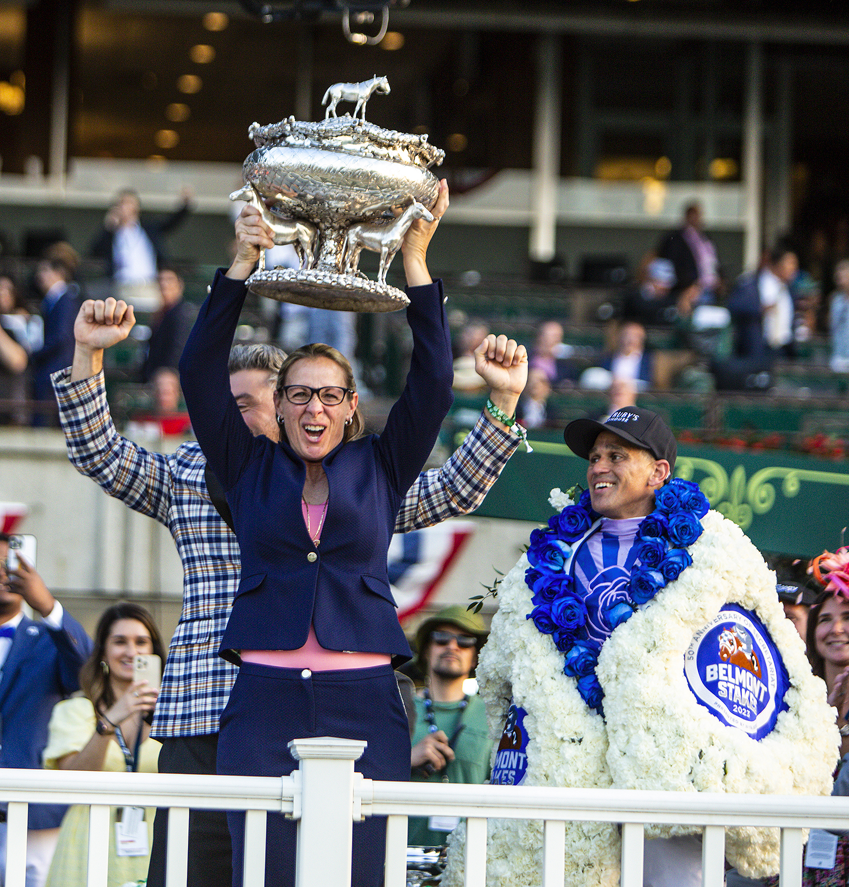 "Arcangelo Wins the Belmont and Connections Celebrate" (Belmont Park, Elmont, NY - June 10, 2023), photograph by Sue Kawczynski