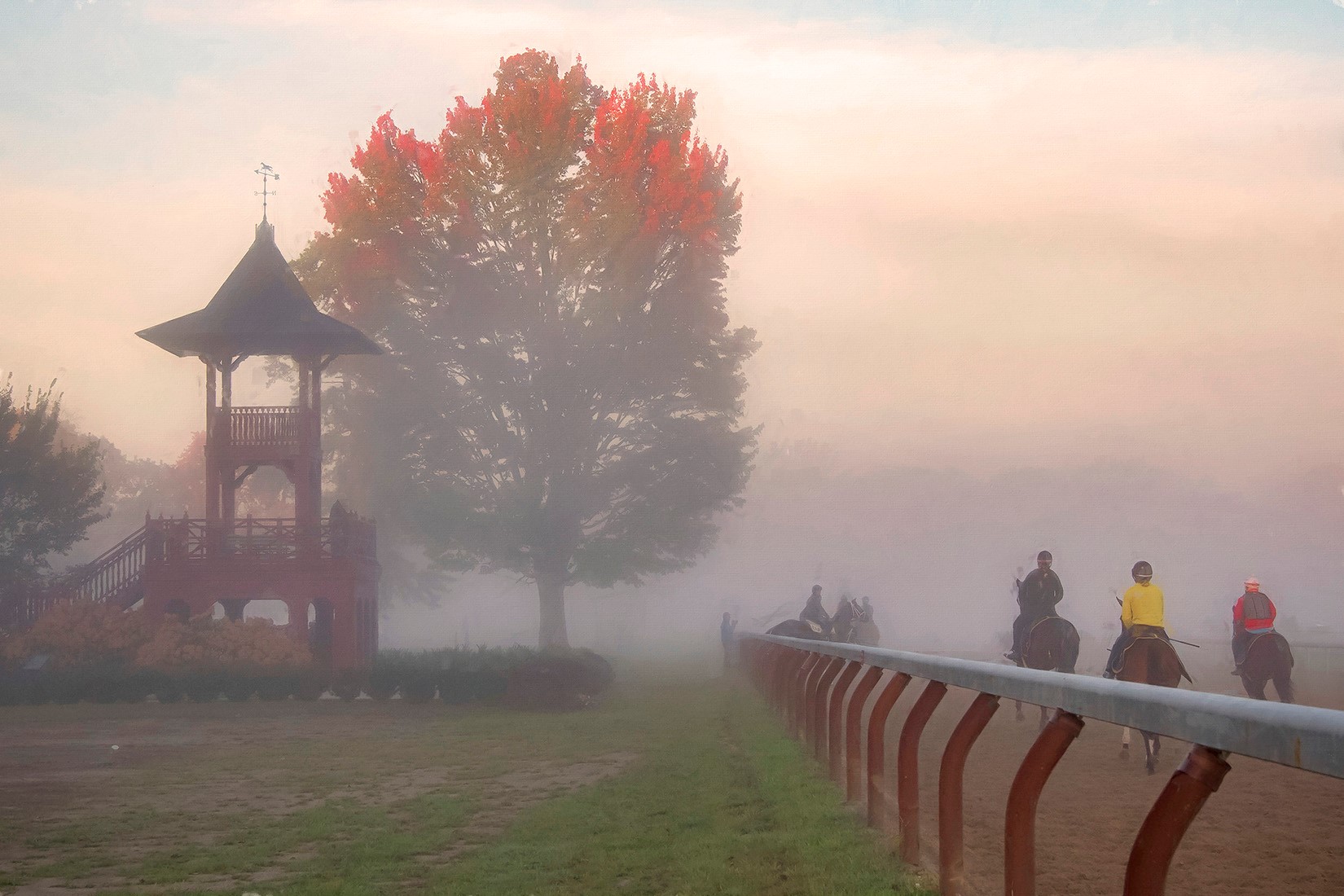 "October Sunrise" (Oklahoma Training Track, Saratoga Springs, NY - October 11, 2021), photograph by Connie Bush