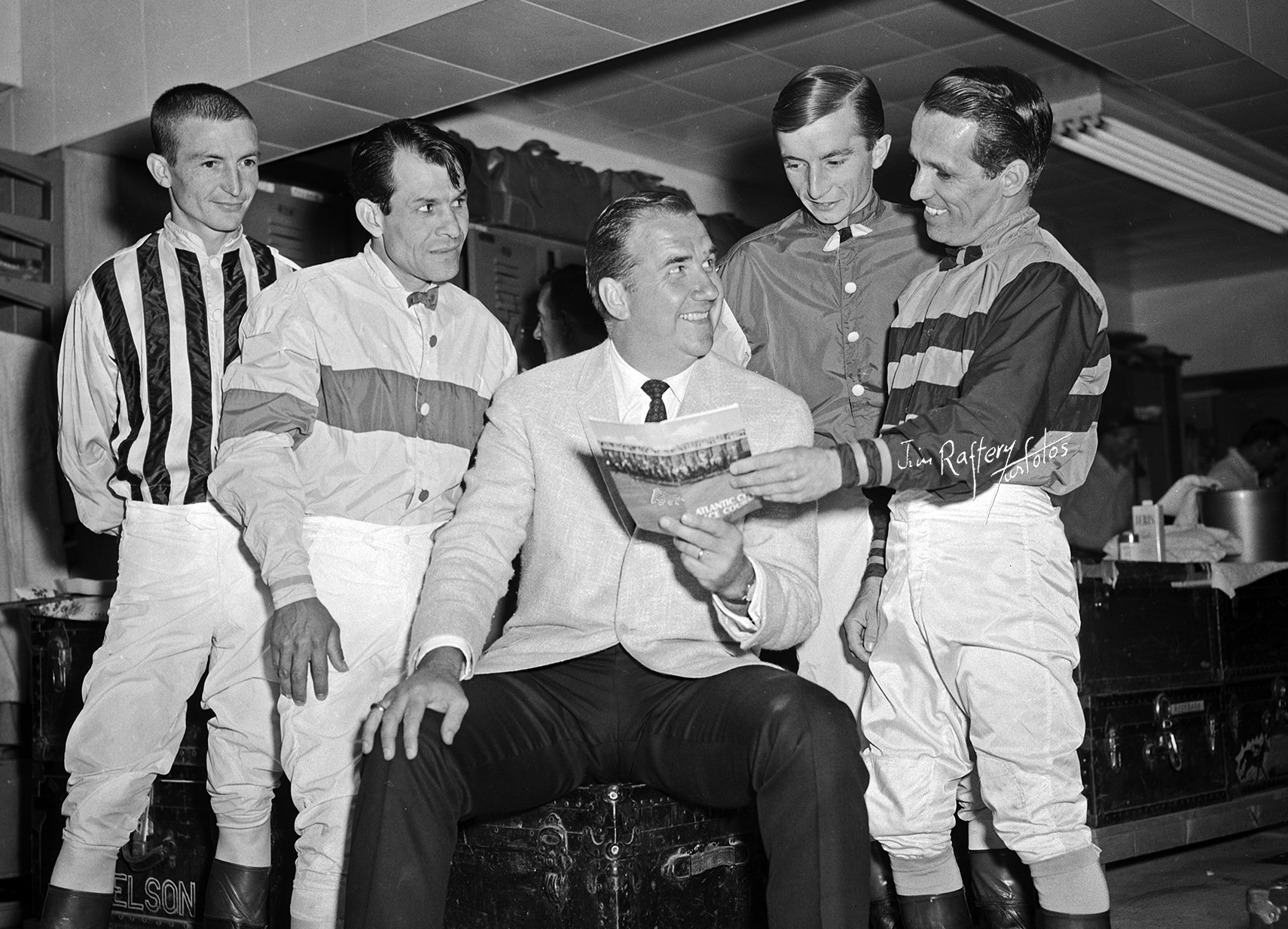 Ed McMahon and the jockeys, Aug. 30, 1965 (Jim Raftery Turfotos)