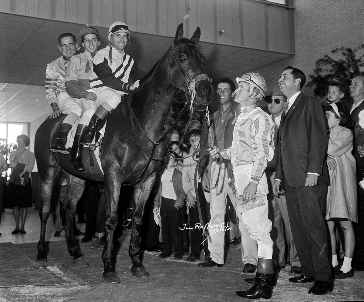Jockey appearance at Gimbels, Moorestown, New Jersey, Oct.12, 1963. The  pony is Quinine. The jockeys are unidentified. (Jim Raftery Turfotos)