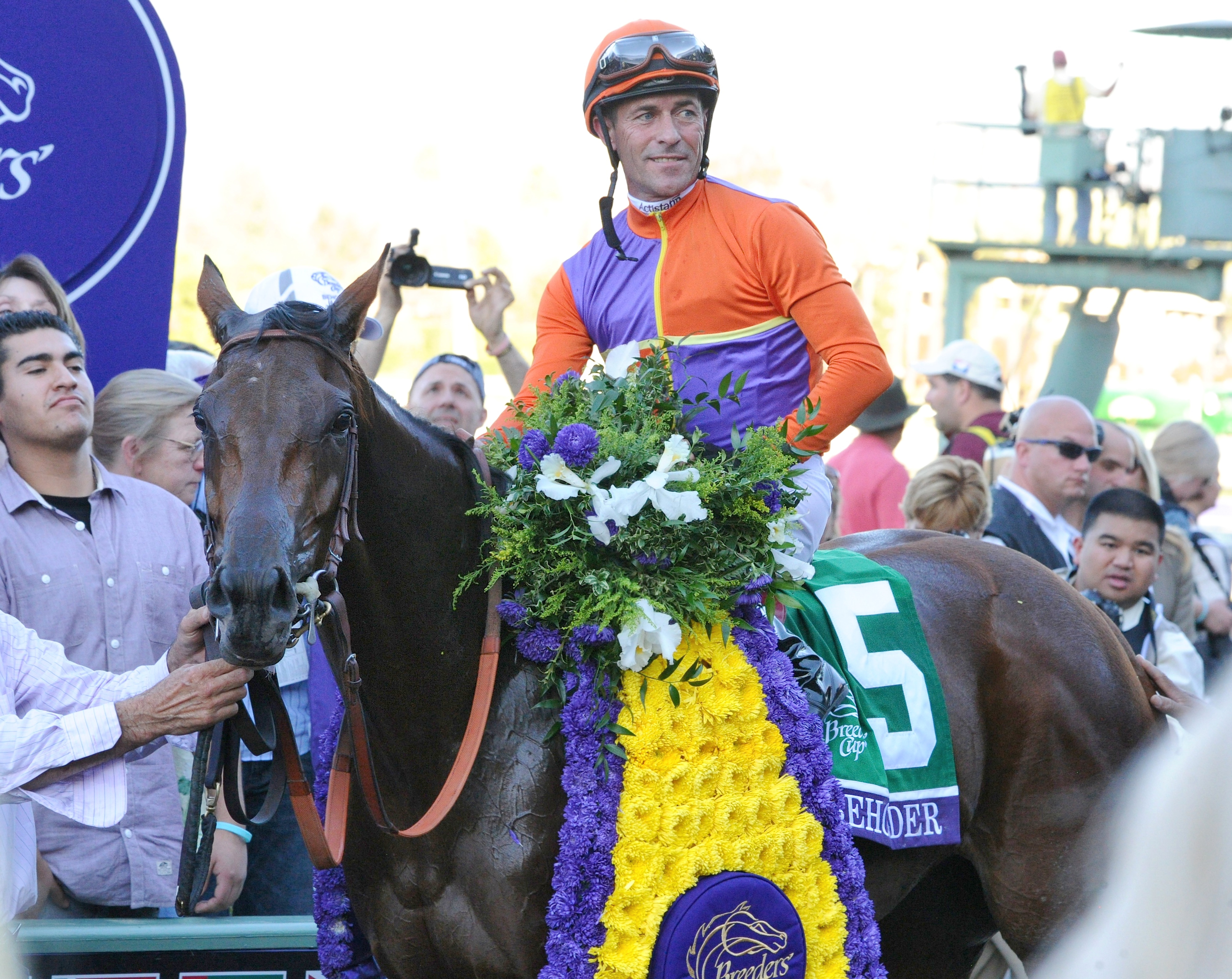 Beholder, Gary Stevens up, after winning the 2013 Breeders' Cup Distaff at Santa Anita (Breeders' Cup/Eclipse Sportswire)