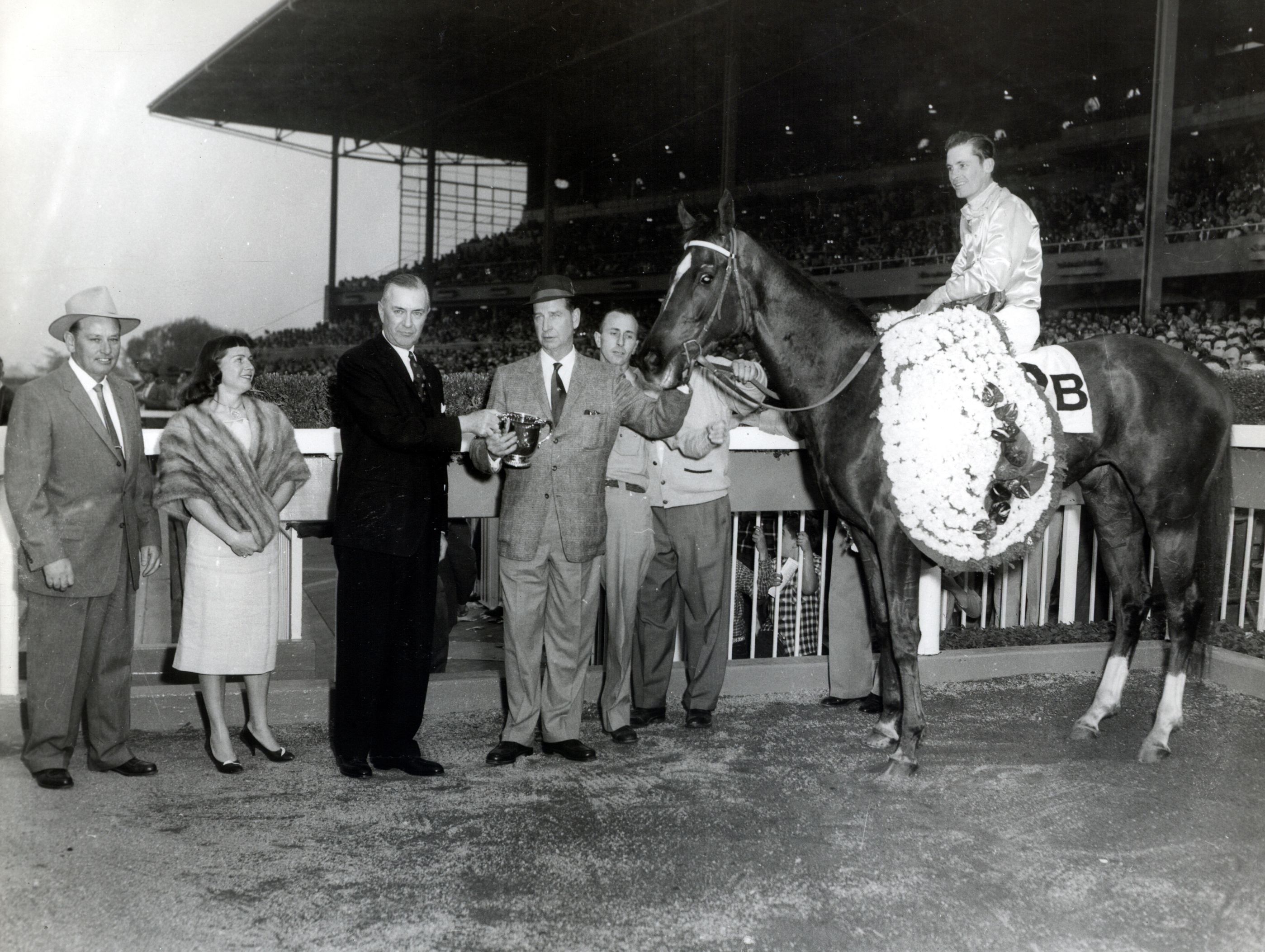 Silver Spoon (Raymond York up) in the winner's circle for the 1959 Santa Anita Derby (Museum Collection)