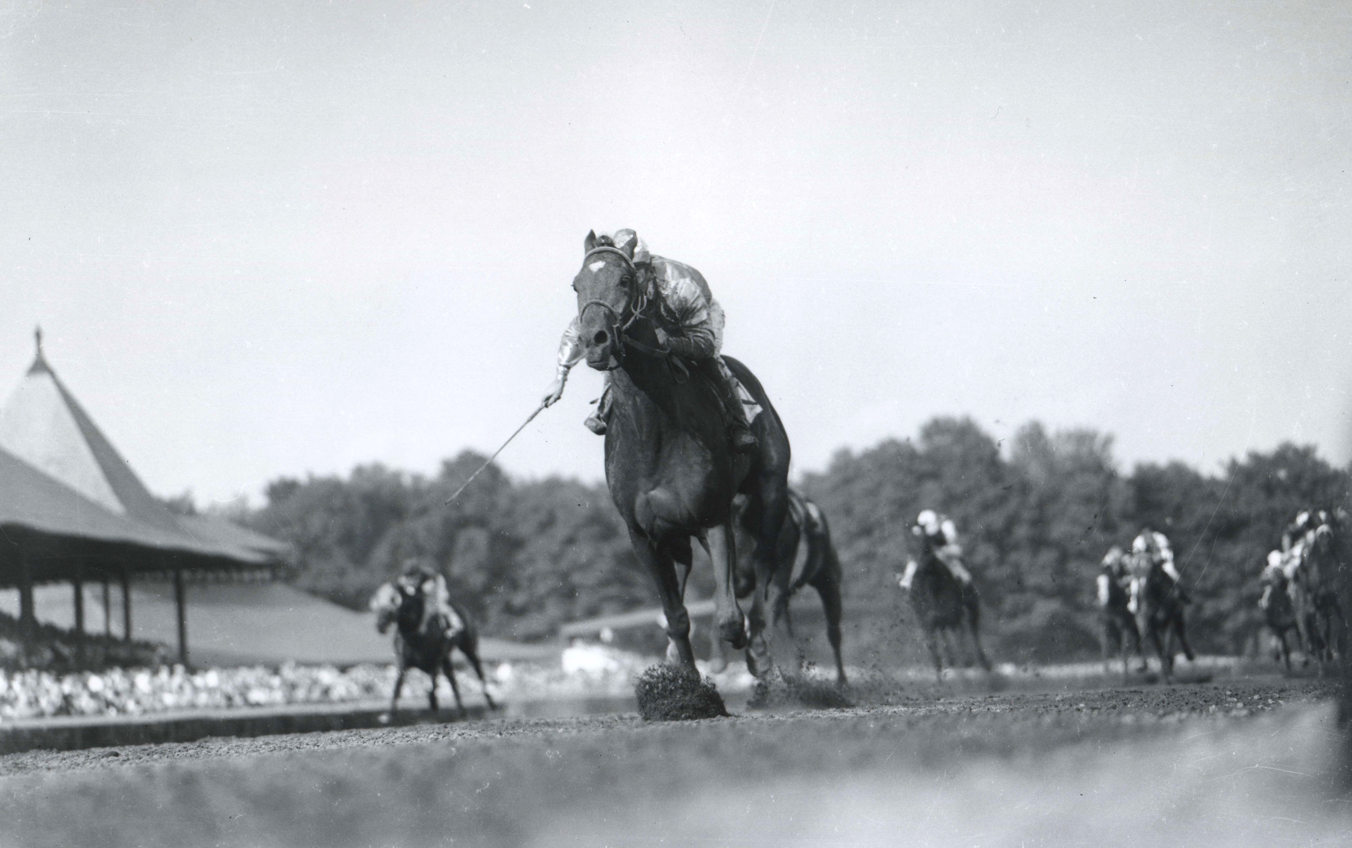 Needles (John Choquette up) winning the 1955 Hopeful Stakes at Saratoga Race Course (Keeneland Library Morgan Collection/Museum Collection)