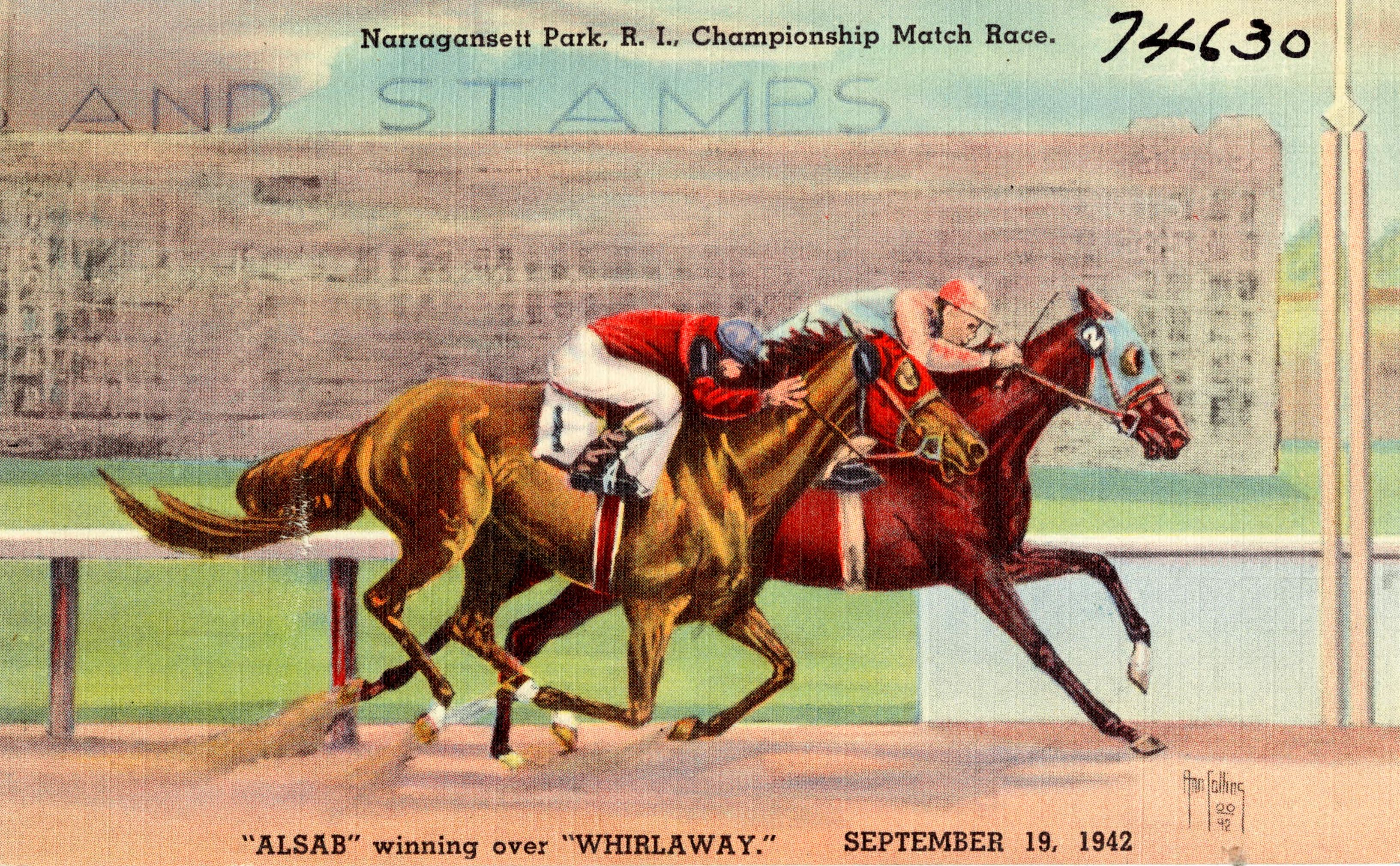 Postcard of Alsab defeating Whirlaway in a 1942 match race at Narragansett Park (Public Domain)