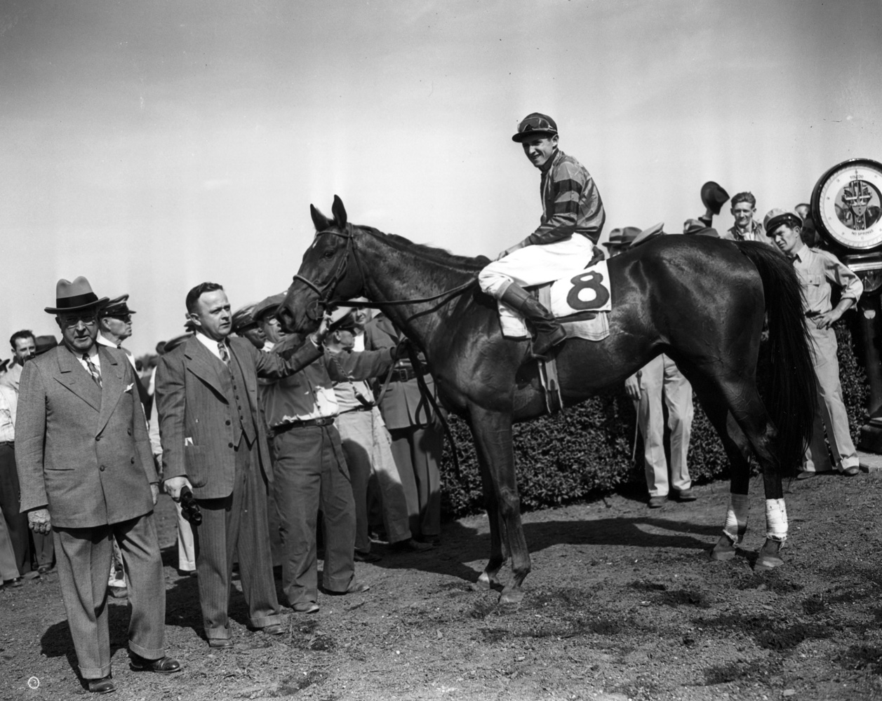 Armed (Doug Dodson up) in the winner's circle for the 1946 Suburban Handicap at Belmont Park (Keeneland Library Morgan Collection/Museum Collection)