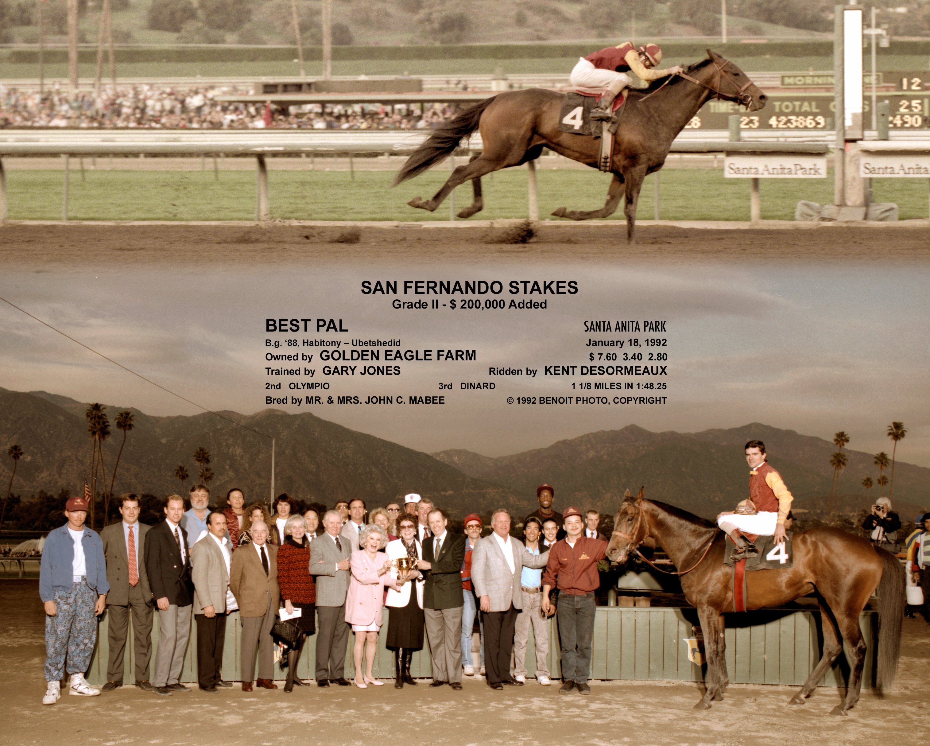 Win composite photograph for the 1992 San Fernando Stakes at Santa Anita Park, won by Best Pal (Kent Desormeaux up) (Benoit Photo)