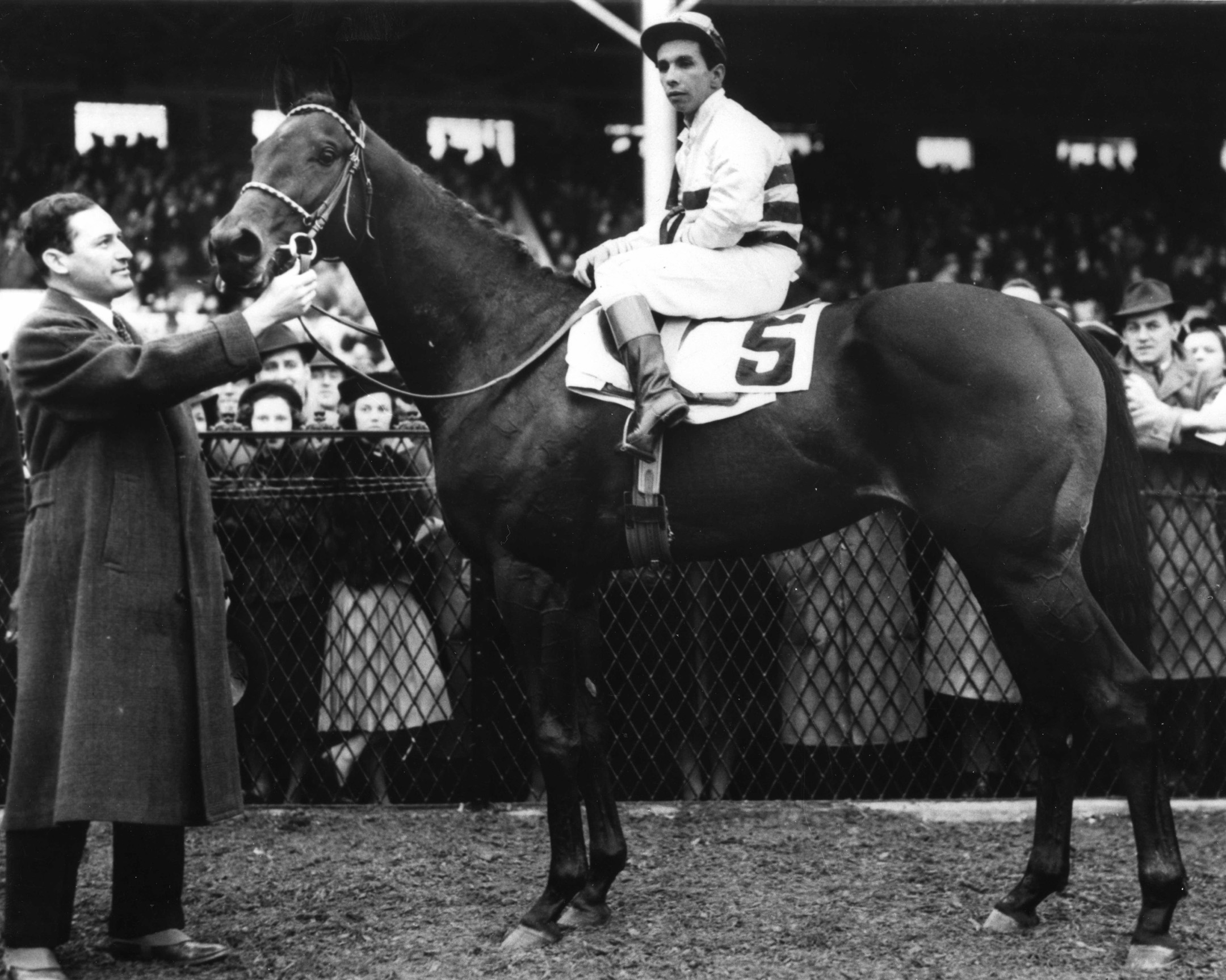 Bimelech in the winner's circle for the 1939 Pimlico Futurity (The BloodHorse/Museum Collection)