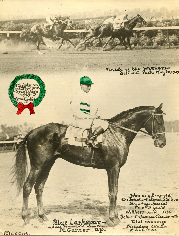 Photo-greeting card produced by photographer C. C. Cook featuring Blue Larkspur (Mack Garner up) and his 1929 Withers victory (C. C. Cook/Museum Collection)