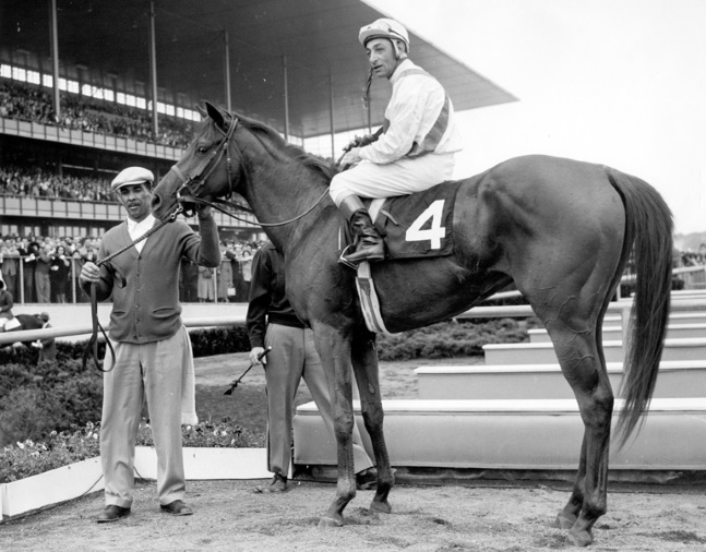 Bowl of Flowers (Eddie Arcaro up) in the winner's circle for the 1960 Frizette at Aqueduct (Bert and Richard Morgan/Museum Collection)
