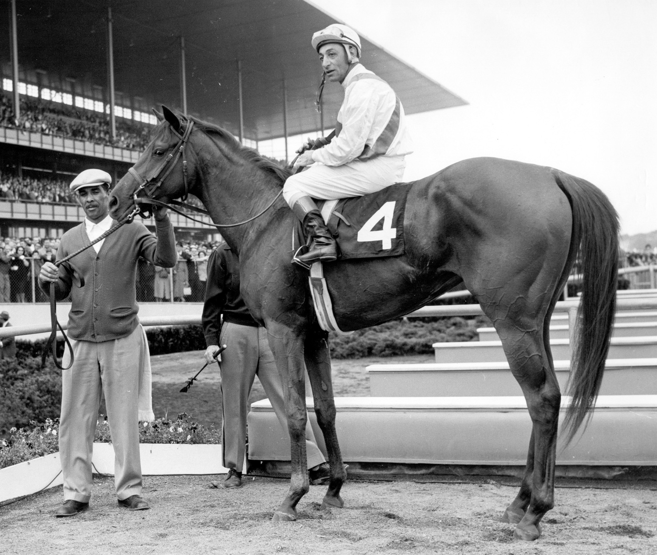 Bowl of Flowers (Eddie Arcaro up) in the winner's circle for the 1960 Frizette at Aqueduct (Bert and Richard Morgan/Museum Collection)