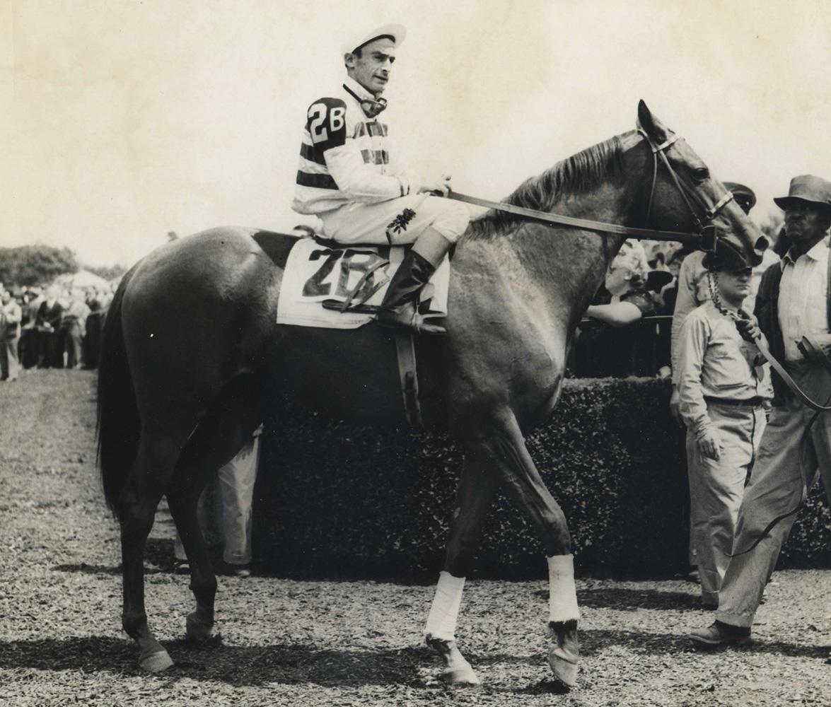 Busher (Ted Atkinson up) in her first career start at Belmont Park, May 1944 (Museum Collection)