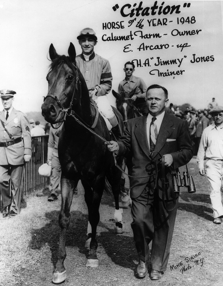 Jimmy Jones leading in Citation (Eddie Arcaro up) after winning the 1948 Belmont Stakes and the Triple Crown (Mike Sirico/Museum Collection)