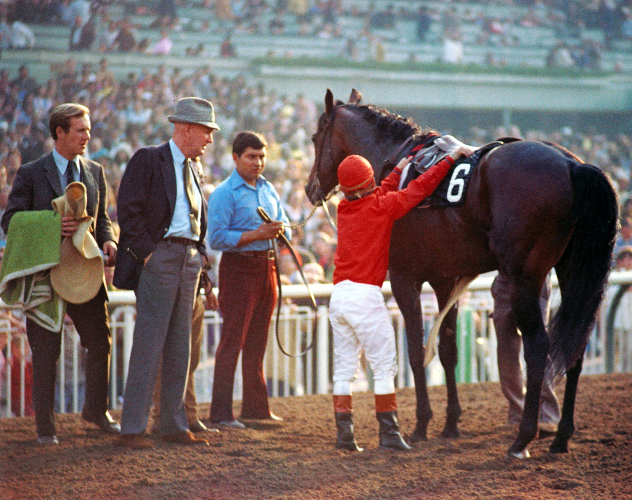 Cougar II with trainer Charlie Whittingham and jockey Bill Shoemaker after the 1973 San Juan Capistrano Handicap (Bill Mochon/Museum Collection)