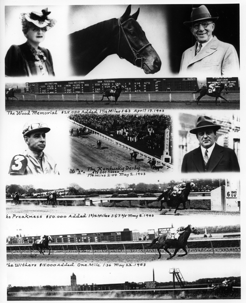 Photo collage of Count Fleet's victories in 1943 (Wood Memorial, Kentucky Derby, Preakness, Withers, Belmont Stakes) (Keeneland Library Morgan Collection/Museum Collection)