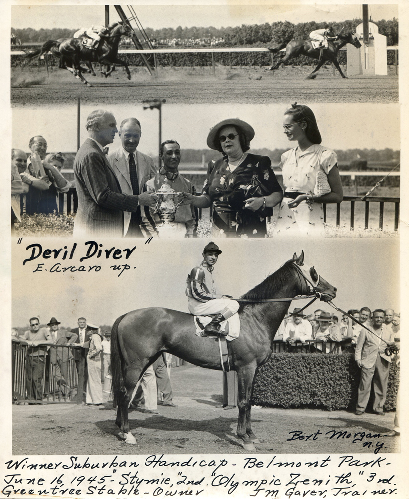 Win composite photograph for the 1945 Suburban Handicap, won by Devil Diver (Eddie Arcaro up) (Bert Morgan/Museum Collection)