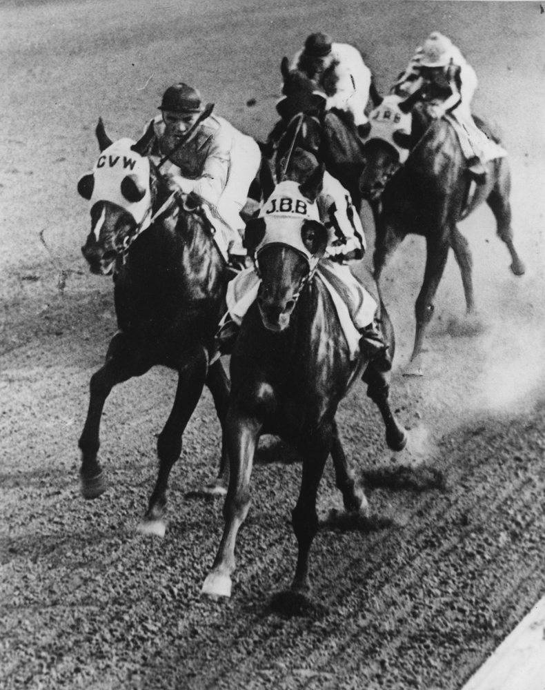 Equipoise (on the outside) racing down the stretch (Museum Collection)