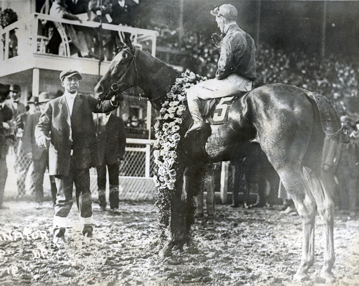 Exterminator (Willie Knapp up) in the winner's circle for the 1918 Kentucky Derby (Museum Collection)