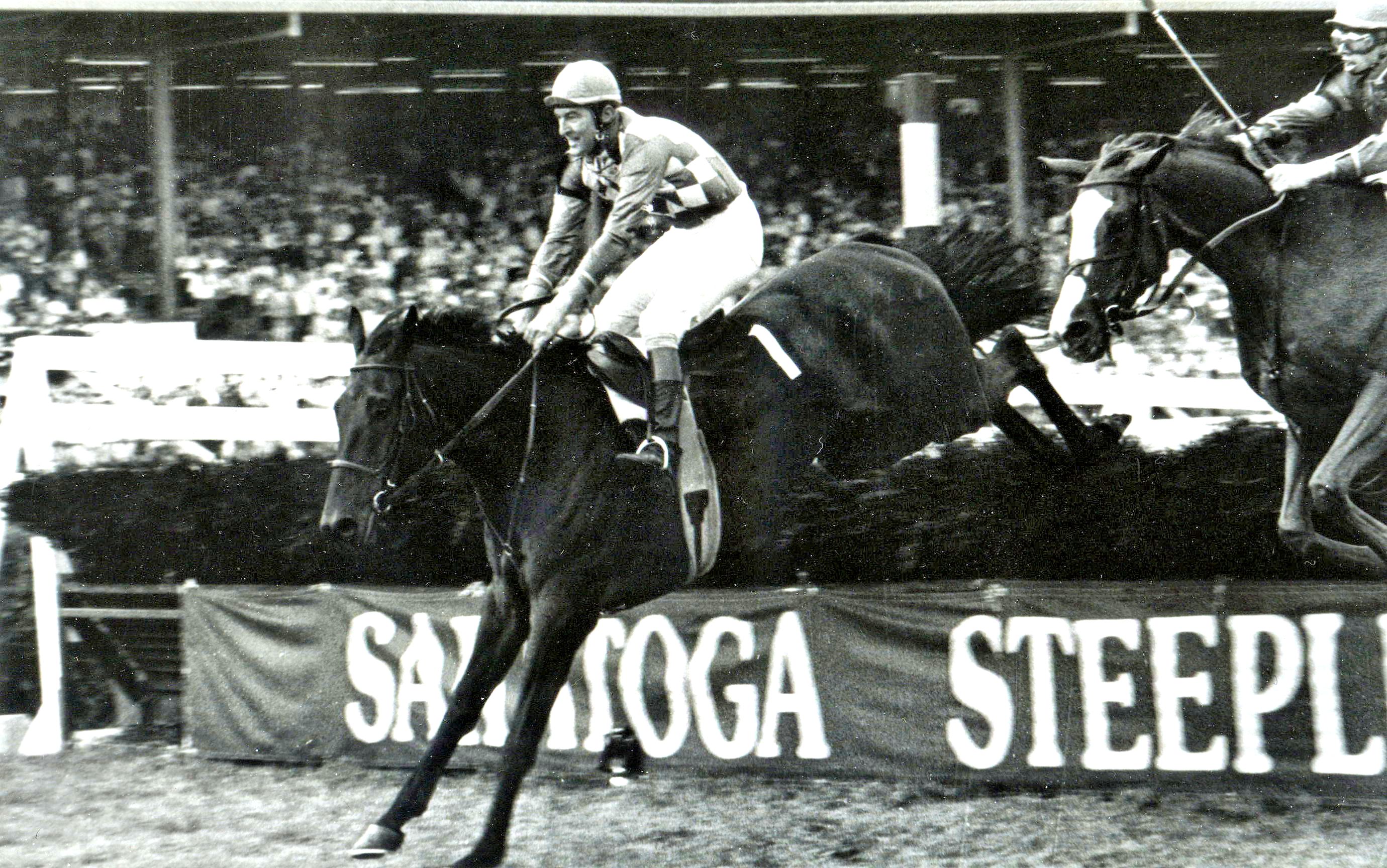 Flatterer (Jerry Fishback up) clearing a jump in his 1984 New York Turf Writers Handicap victory at Saratoga (NYRA/Museum Collection)