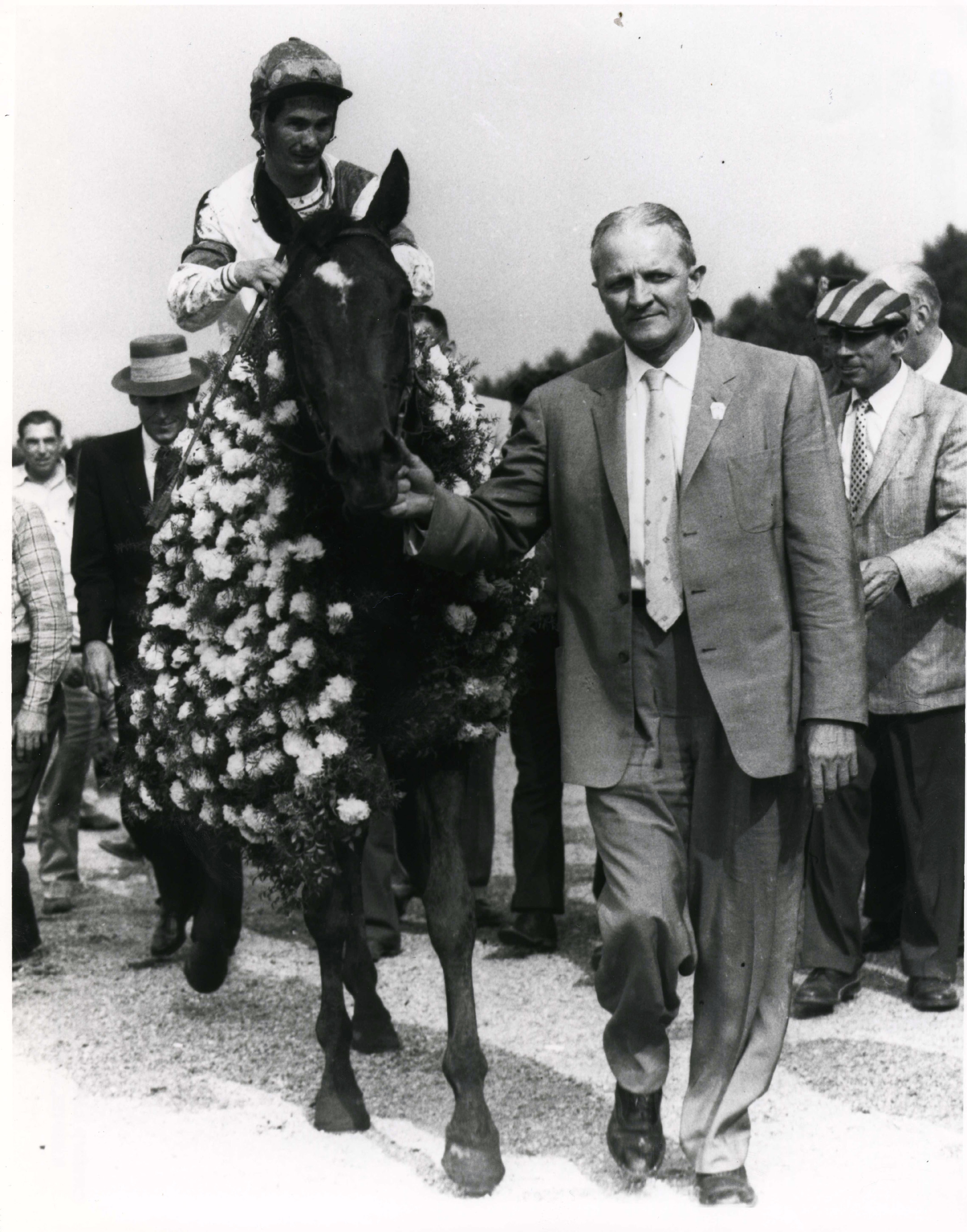 Gallant Man (Bill Shoemaker up) after winning the 1957 Belmont Stakes (Keeneland Library Morgan Collection/Museum Collection)
