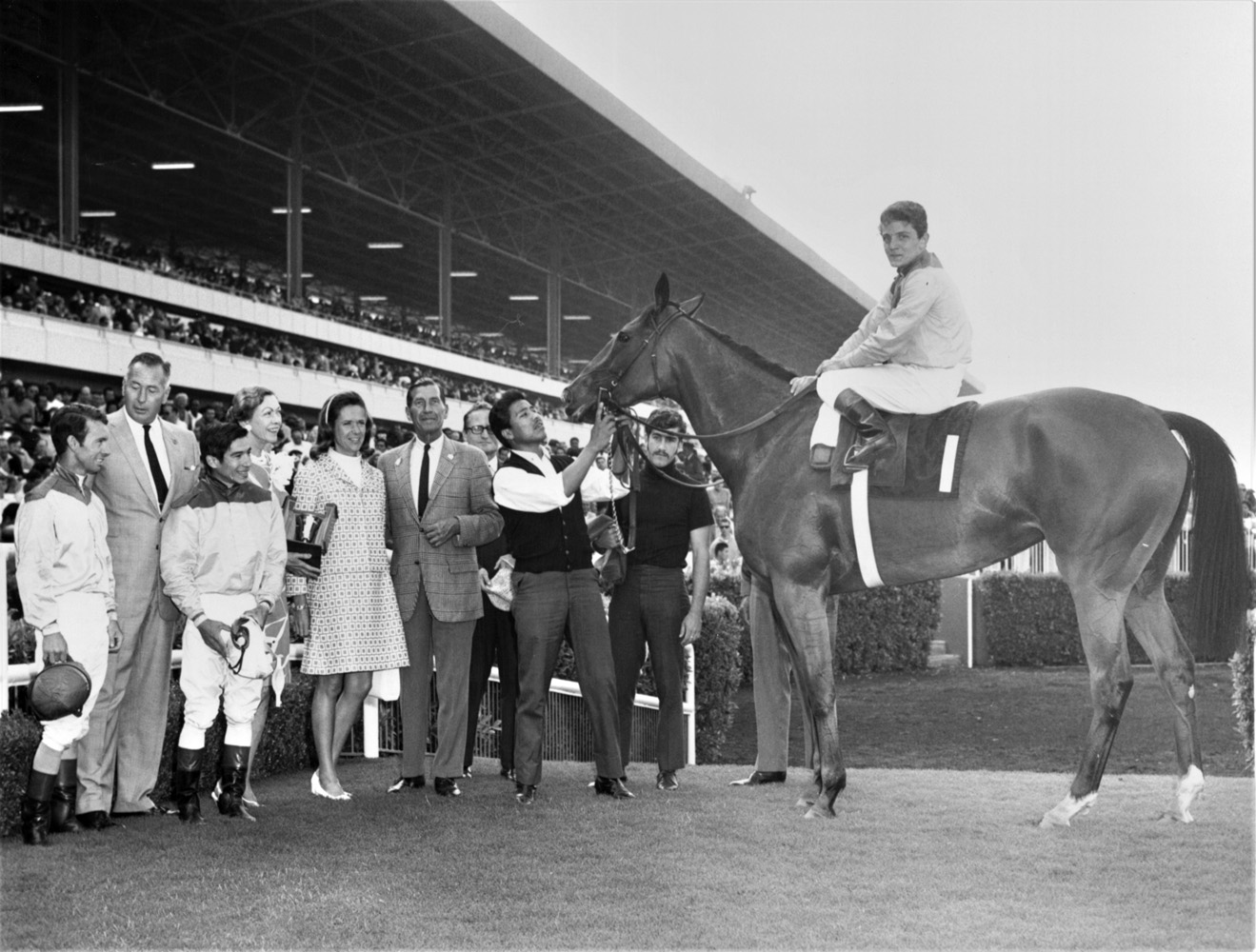Gamely (Wayne Harris up) in the winner's circle for the 1968 Vanity Handicap at Hollywood Park (Keeneland Library Thoroughbred Times Collection)