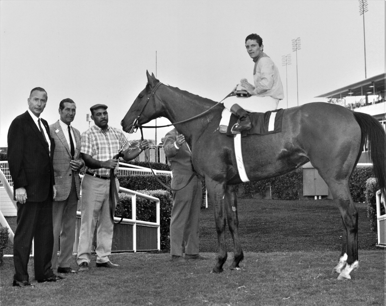 Gamely (Wayne Harris up) in the winner's circle for the 1969 Wilshire Handicap at Hollywood Park (Keeneland Library Thoroughbred Times Collection)