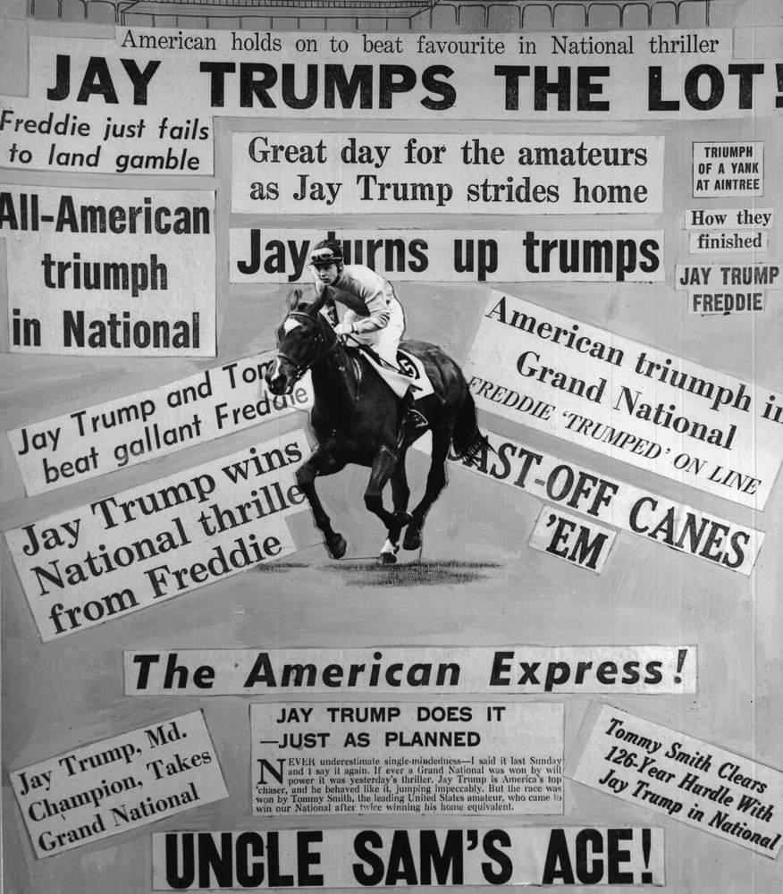 Collage featuring news headlines following Jay Trump's British Grand National victory (Winants Bros, Inc./Museum Collection)