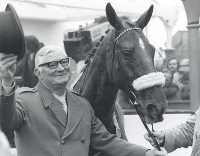 L'Escargot and Raymond Guest after winning the 1975 Grand National Steeplechase at Aintree (Gerry Cranham/Museum Collection)