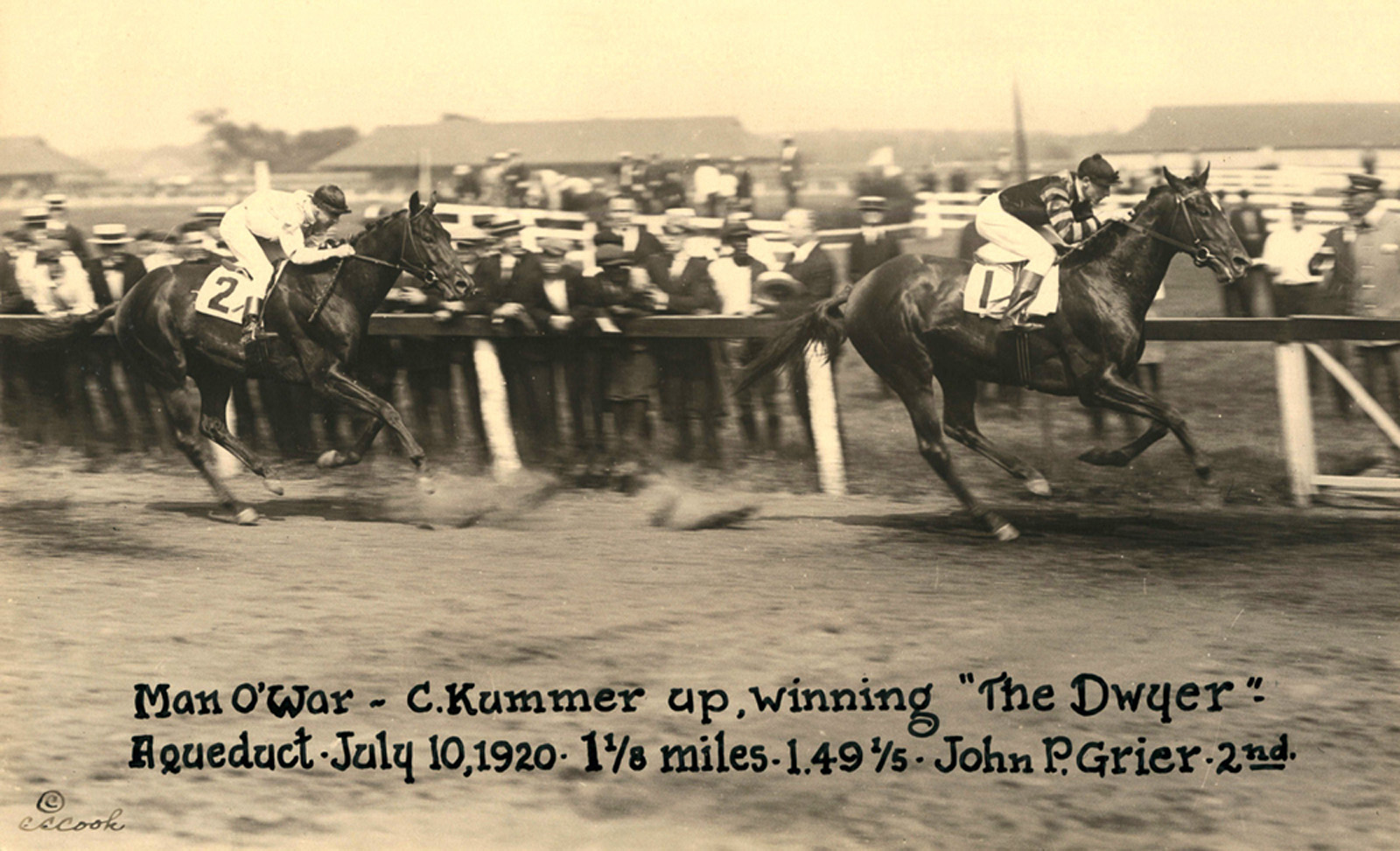 Man o' War wins the 1920 Dwyer with Clarence Kummer up (C.C. Cook/Museum Collection)