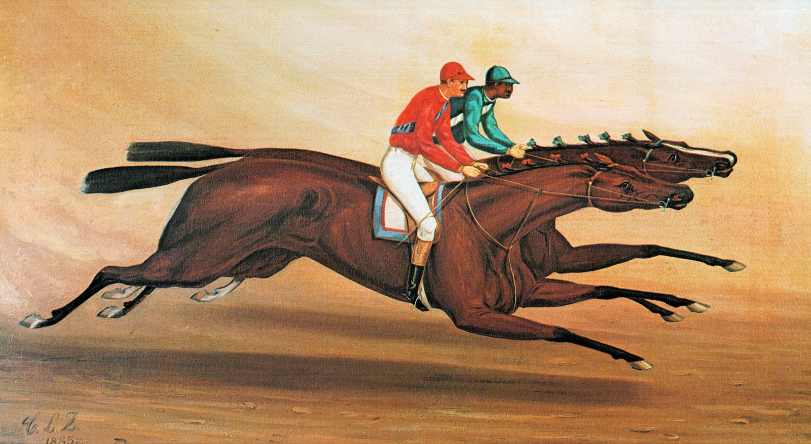 "Match Race at Monmouth Park" by Charles L. Zellinsky, featuring Miss Woodford (on outside) and Freeland (Museum Collection)