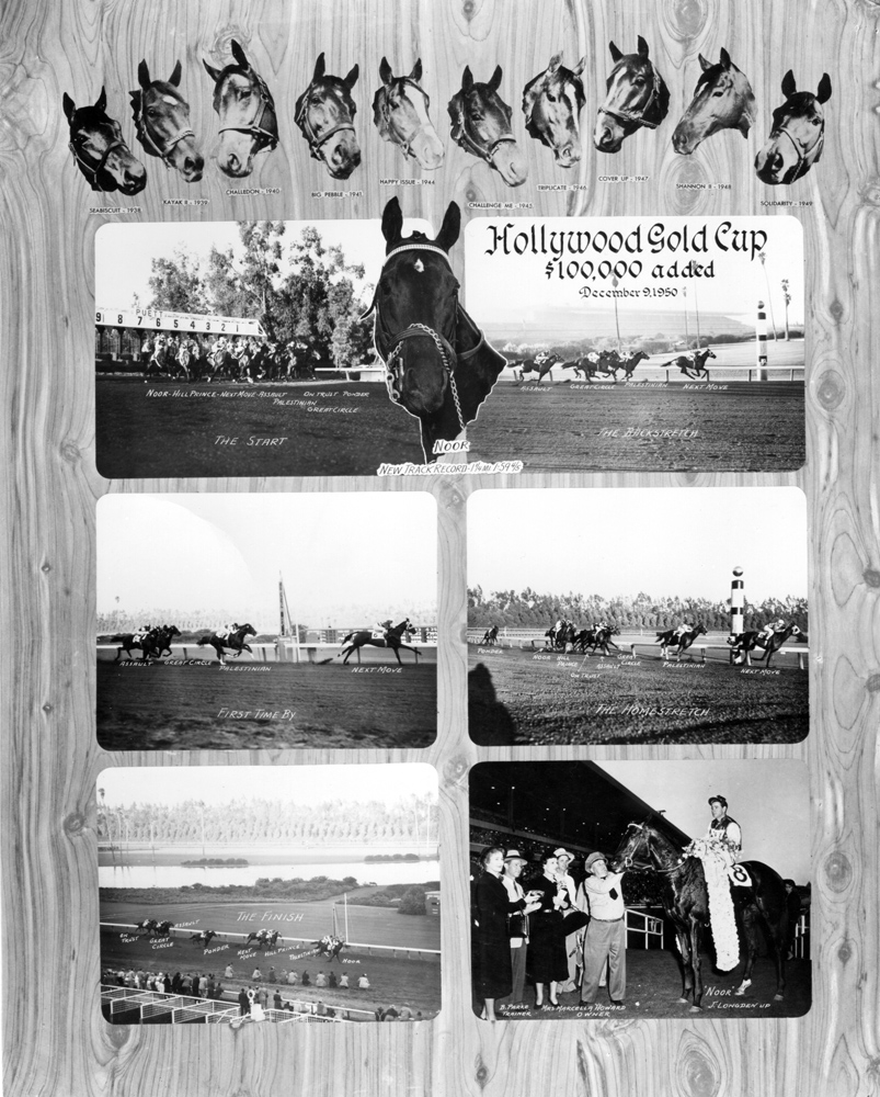 Photo collage of the 1950 Hollywood Gold Cup, won by Noor with Johnny Longden up (Museum Collection)