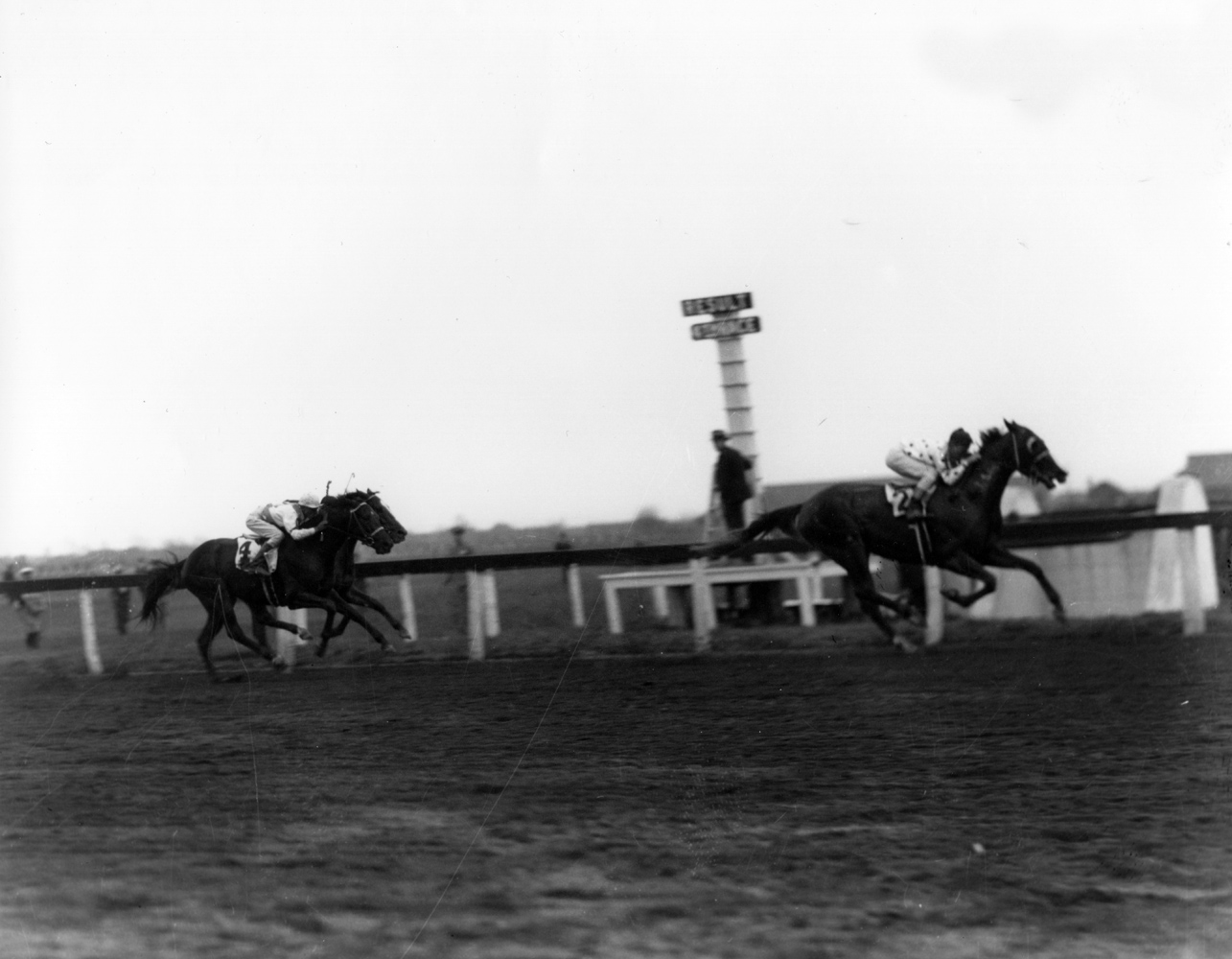 Omaha (Willie Saunders up) winning an allowance race at Jamaica Racetrack, his first start at 3 (Keeneland Library Cook Collection/Museum Collection)