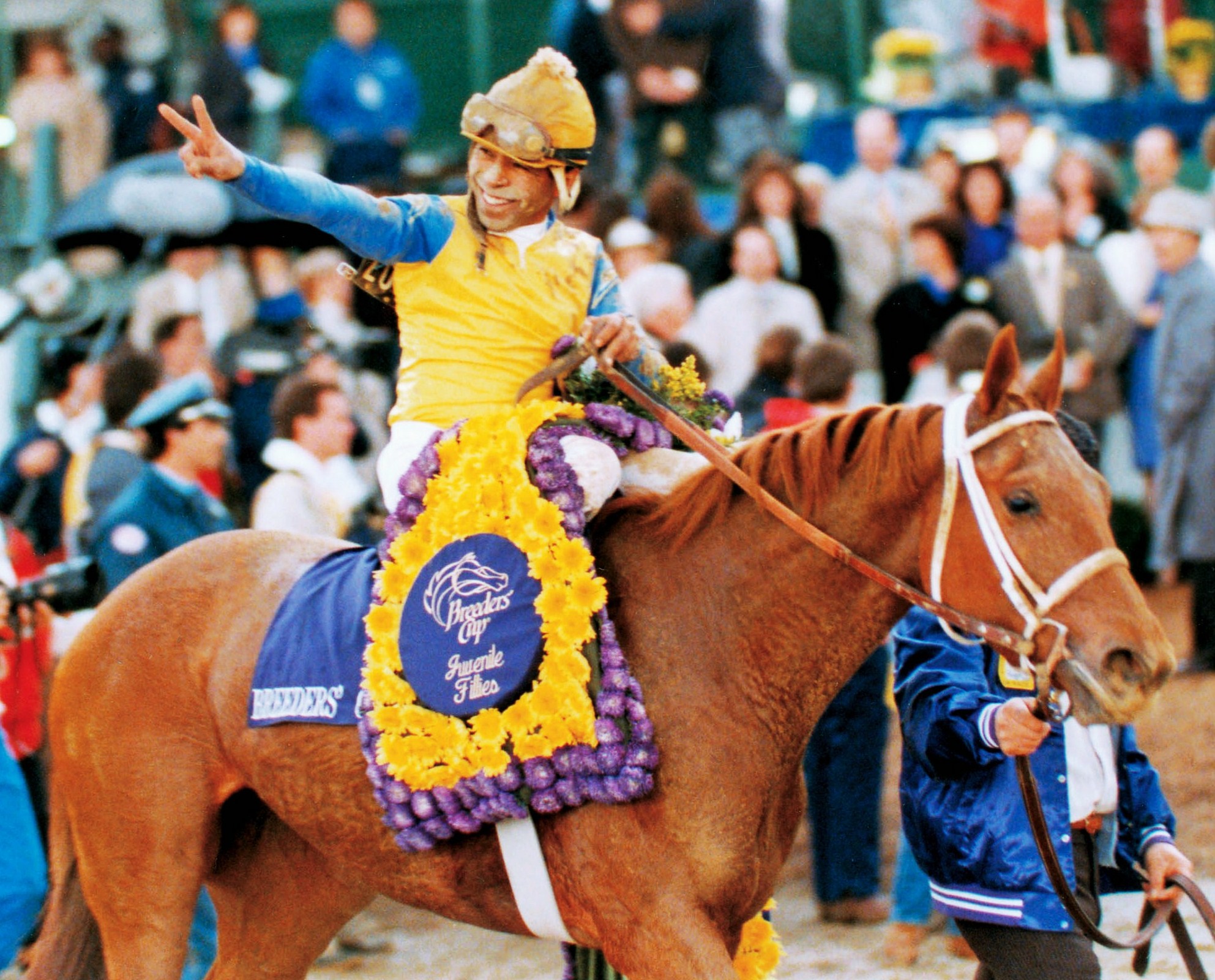 Open Mind (Angel Cordero up) exiting the winner's circle for the 1988 Breeders' Cup Juvenile Fillies (The BloodHorse)