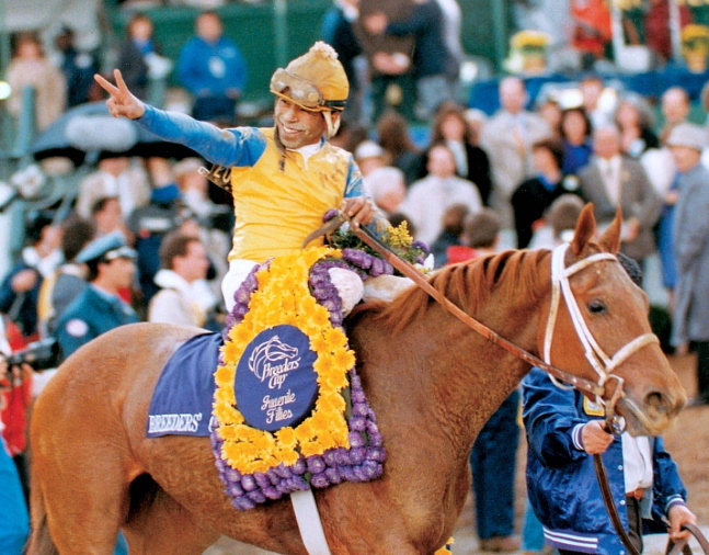 Open Mind (Angel Cordero up) exiting the winner's circle for the 1988 Breeders' Cup Juvenile Fillies (The BloodHorse)