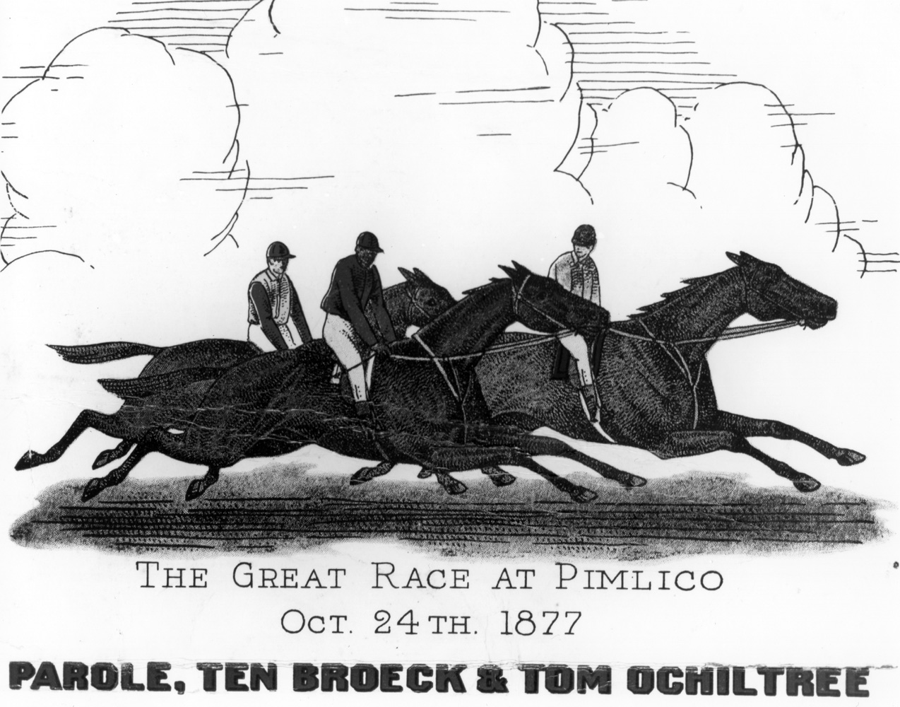 Illustration of the Great Race at Pimlico between Parole, Ten Broeck and Tom Ochiltree on Oct. 24, 1877. Parole defeated her fellow future Hall of Famers by four lengths (Keeneland Library Collection/Museum Collection)
