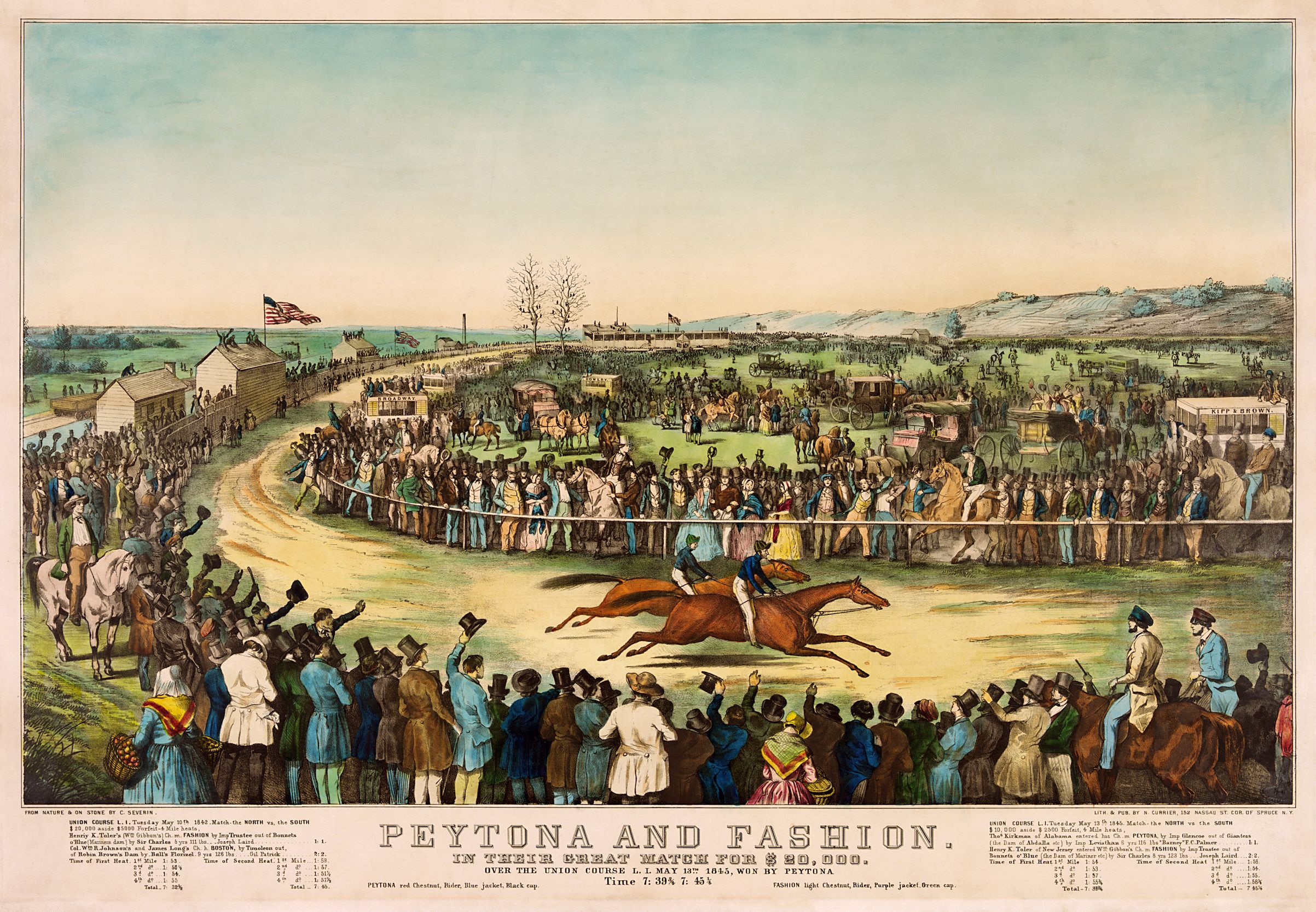 Currier & Ives print depicting the 1845 Great Match between Peytona and Fashion at the Union Course in Long Island, won by Peytona, by artist C. Severin (Museum Collection)