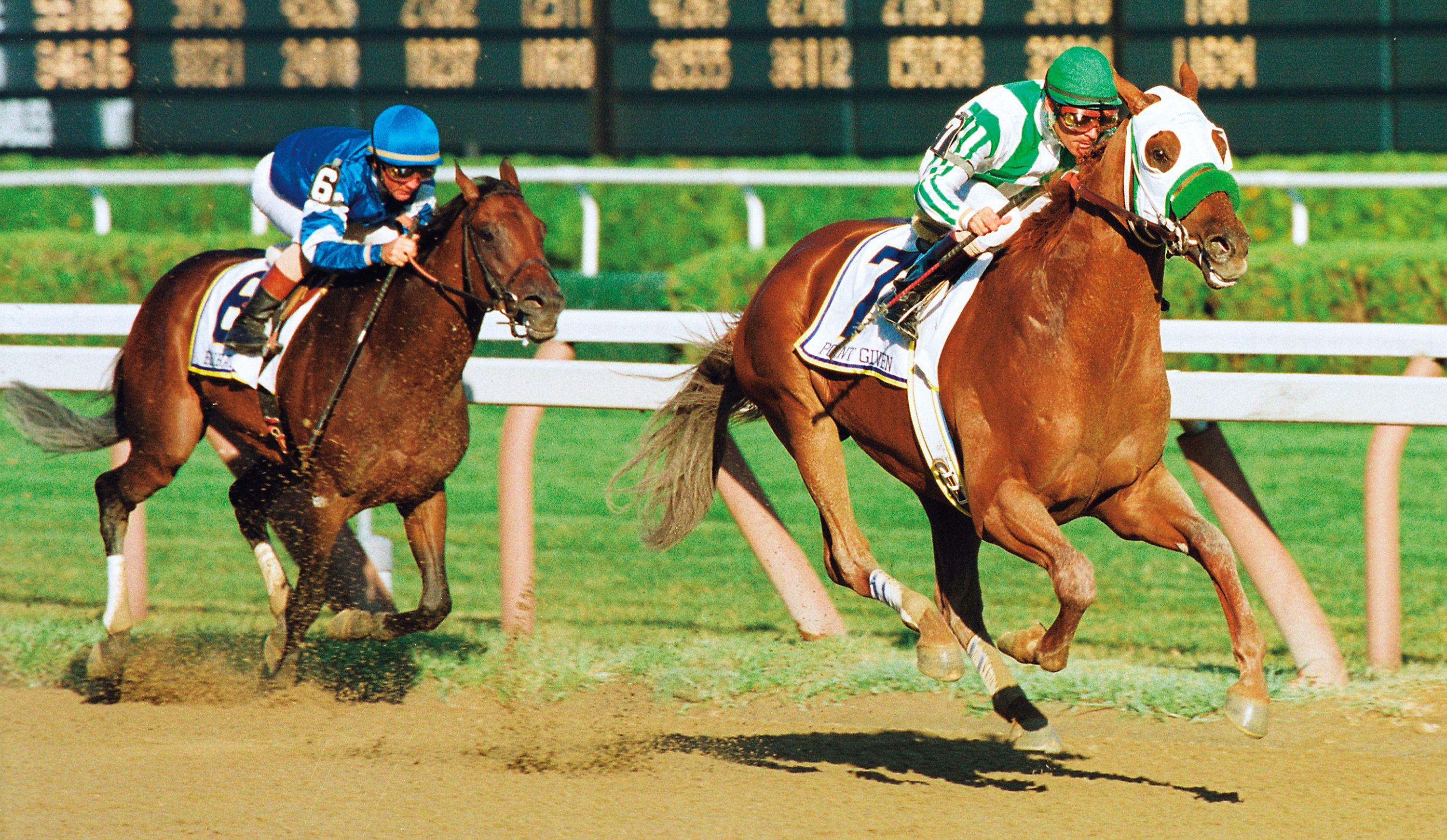 Point Given, Gary Stevens up, winning the 2001 Travers Stakes (Skip Dickstein)