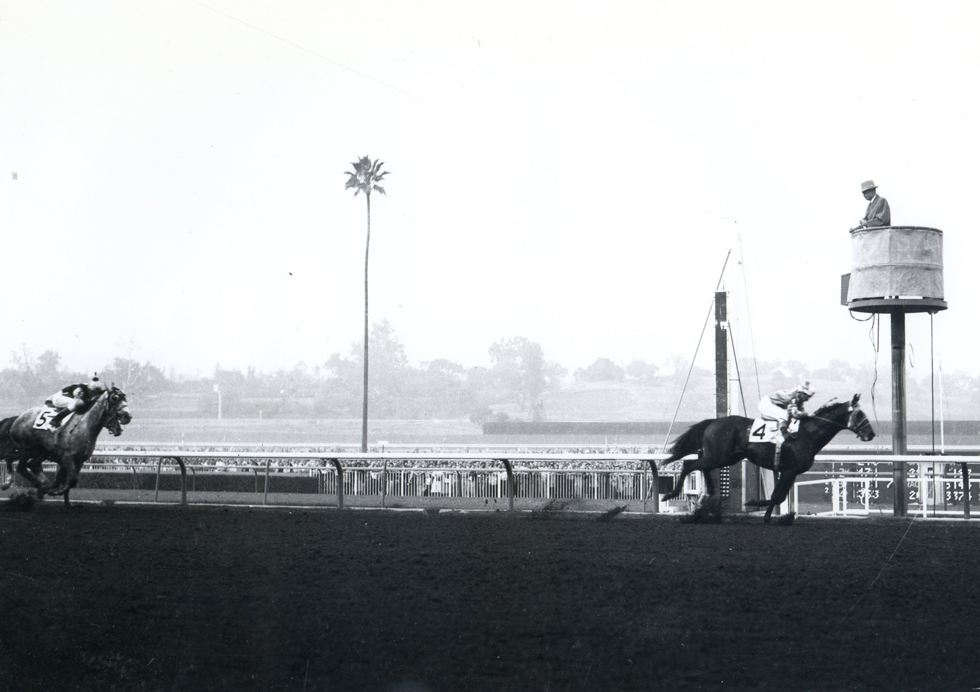 Round Table (Bill Shoemaker up) winning the 1958 San Fernando Stakes at Santa Anita Park (Bill Mochon/Museum Collection)