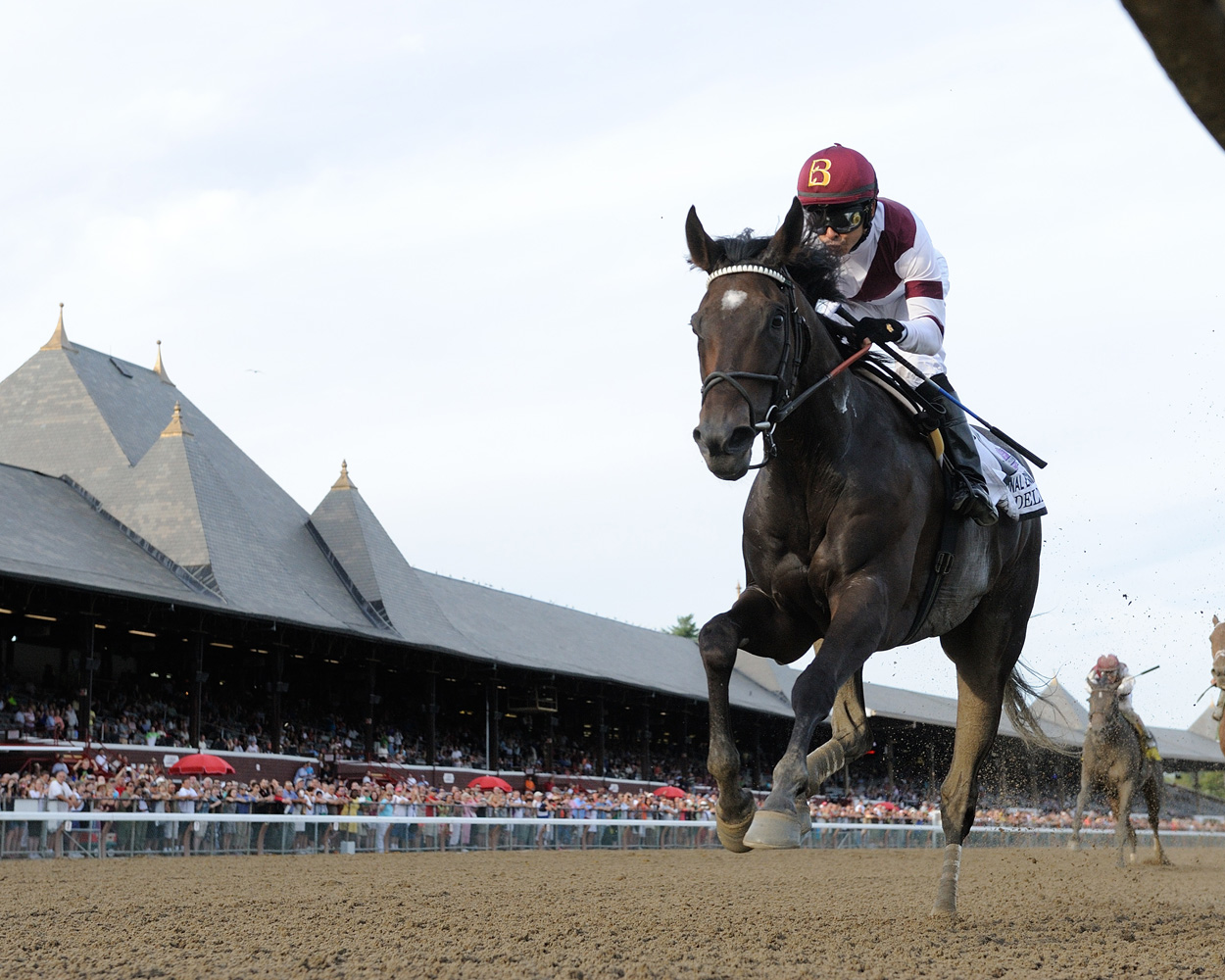 Royal Delta (Mike Smith up) winning the 2013 Personal Ensign Handicap at Saratoga, her final career win (NYRA)