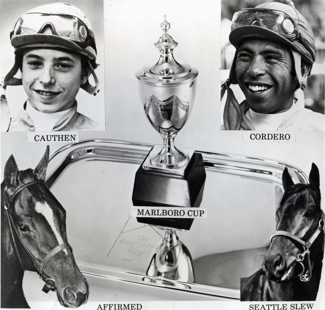 A promotional collage for the 1978 Marlboro Cup: in a historic moment, Triple Crown winners Seattle Slew and Affirmed raced against each other, with Slew winning by three lengths (Museum Collection)