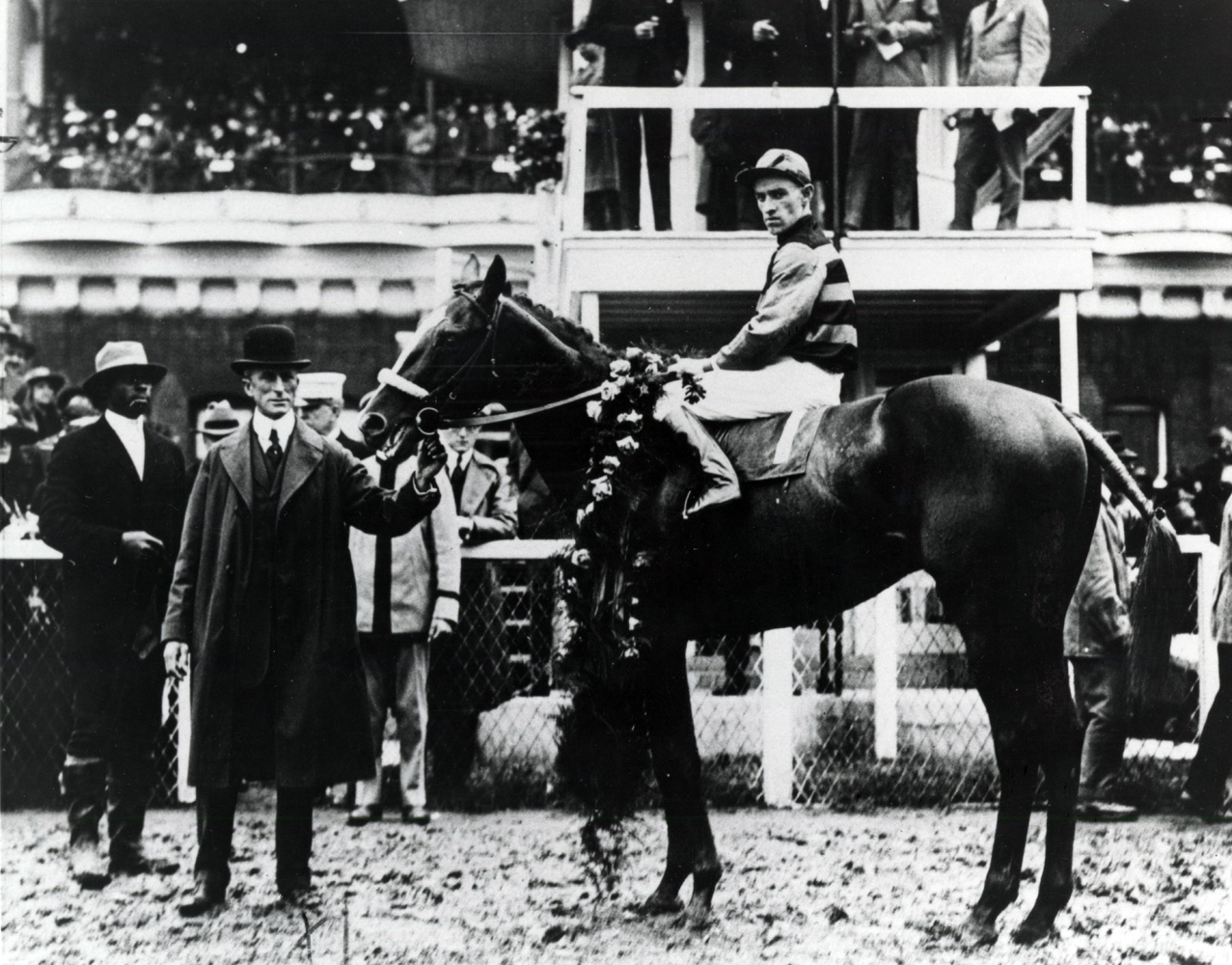 Sir Barton (John Loftus up) in the winner's circle for the 1919 Kentucky Derby (Churchill Downs Inc./Kinetic Corp. /Museum Collection)