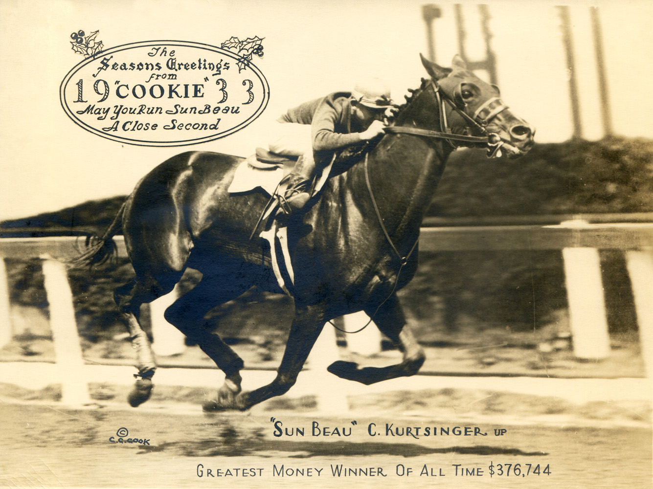 Sun Beau (Charles Kurtsinger up) featured in the 1933 "Christmas Cookie" greeting card produced by photographer C. C. Cook (C. C. Cook/Museum Collection)