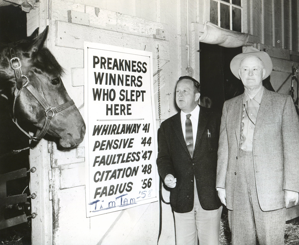 Tim Tam at Pimlico with Hall of Fame trainers H. A. "Jimmy" and Ben Jones (Museum Collection)