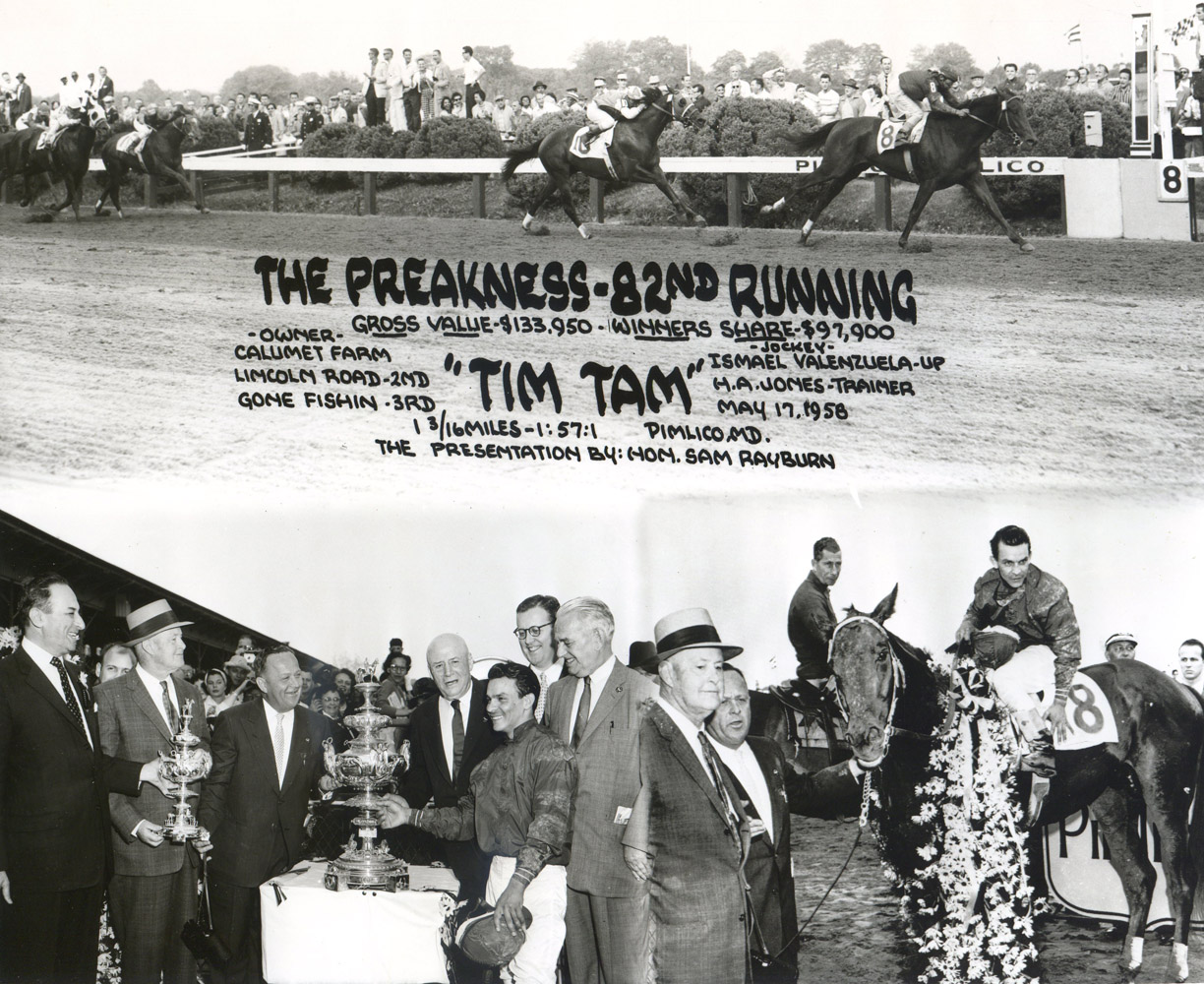 Win composite photograph for the 1958 Preakness, won by Tim Tam with Ismael Valenzuela up (Pimlico Photo/Museum Collection)