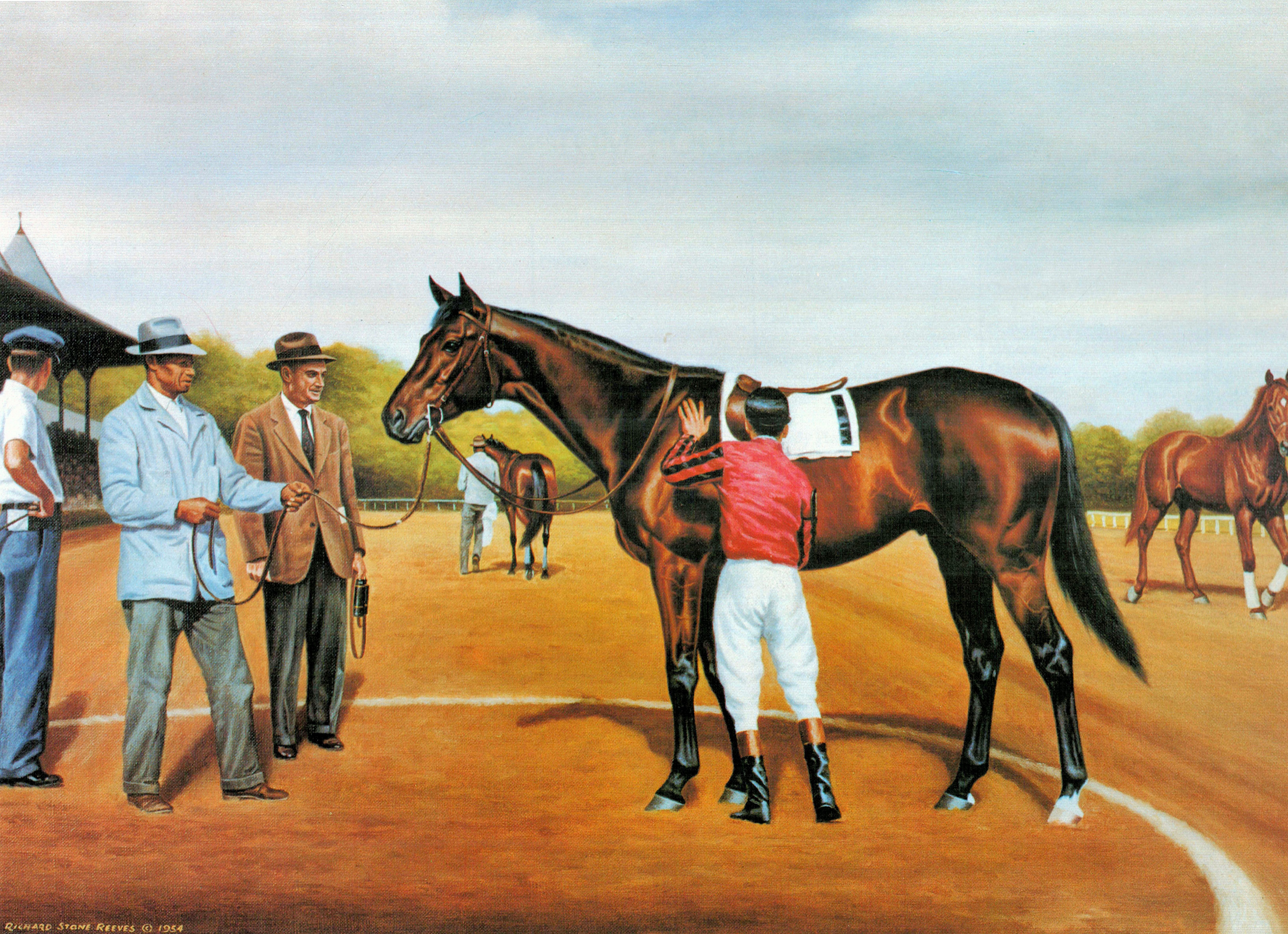 Painting of Tom Fool in the winner's circle at Saratoga Race Course with trainer John M. Gaver, Sr. by Richard Stone Reeves, 1954 (Museum Collection)
