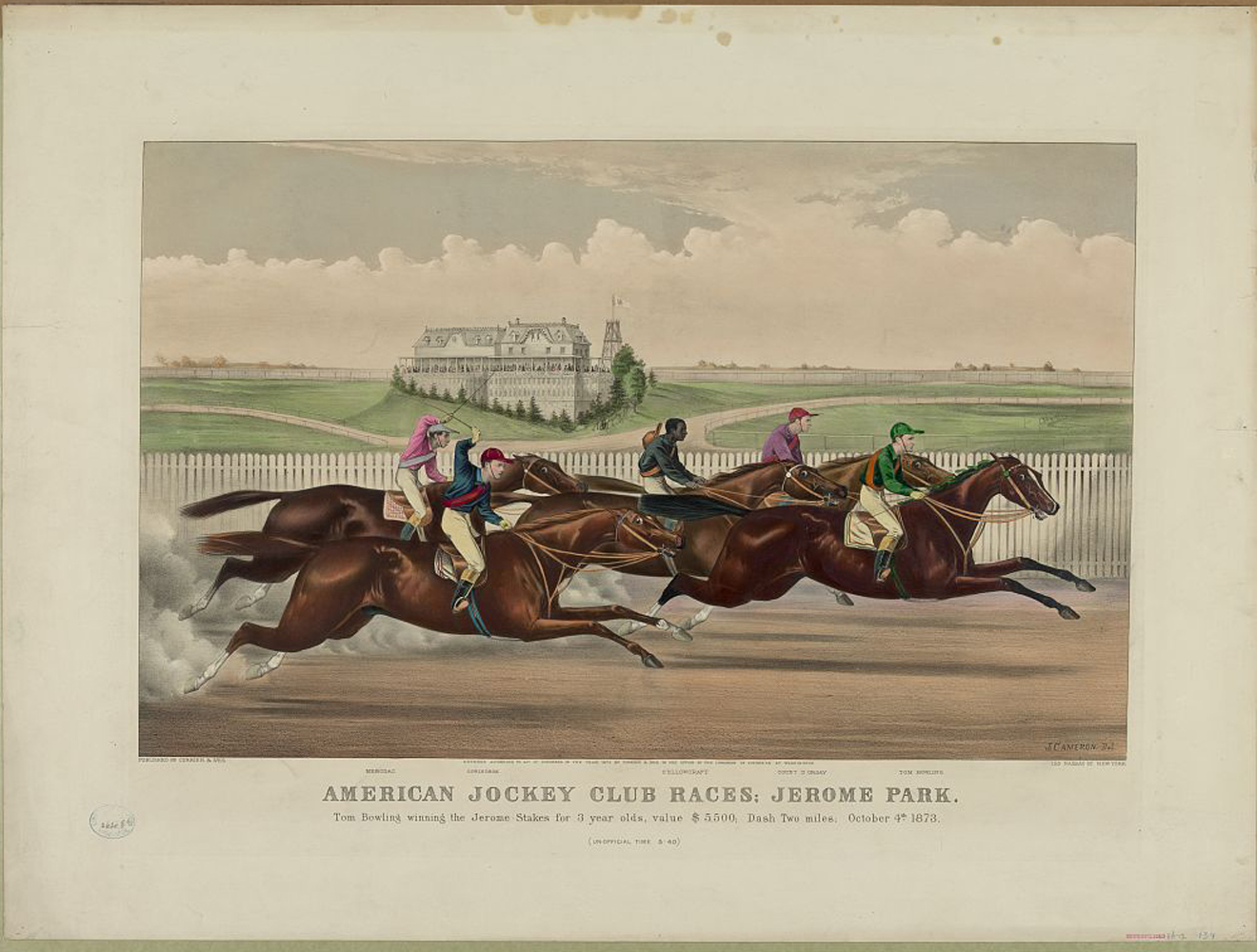 A print depicting Tom Bowling winning the Jerome Stakes at Jerome Park in October 1873 (Keeneland Library Collection)