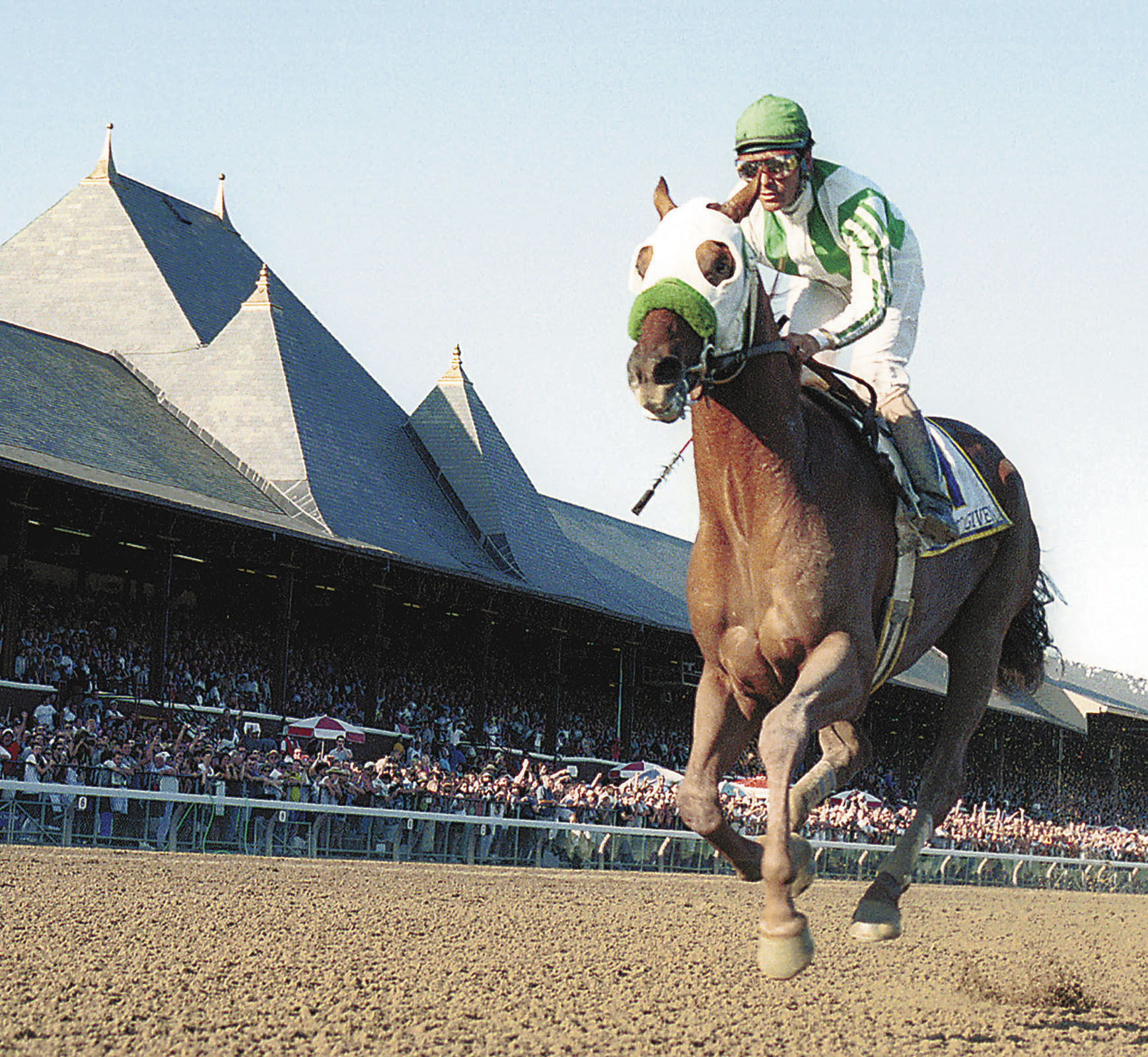 Point Given (Gary Stevens up) charging down the stretch to win the 2001 Travers, his final career race (Tom Killips)