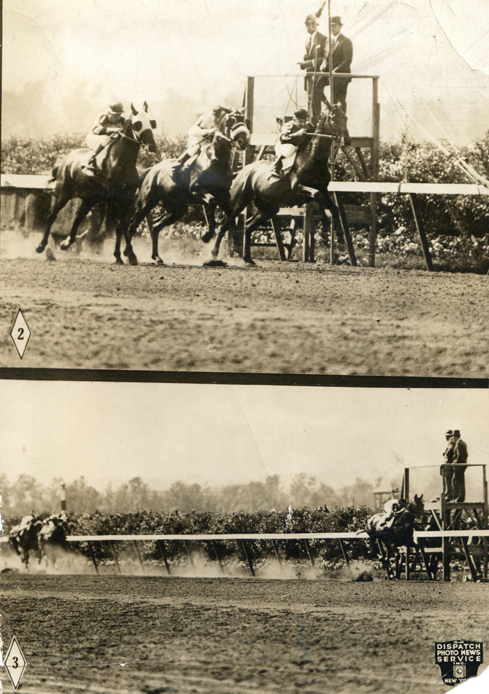 Photos of the start and finish of the 1931 Belmont Stakes, won by Twenty Grand with Charles Kurtsinger up (Museum Collection)