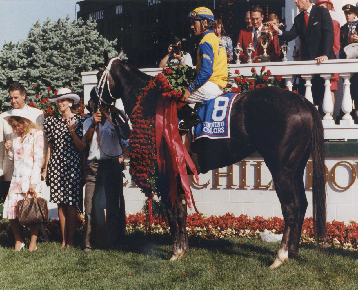 Winning Colors (Gary Stevens up) in the winner's circle for the 1988 Kentucky Derby (Churchill Downs Inc./Kinetic Corp. /Museum Collection)