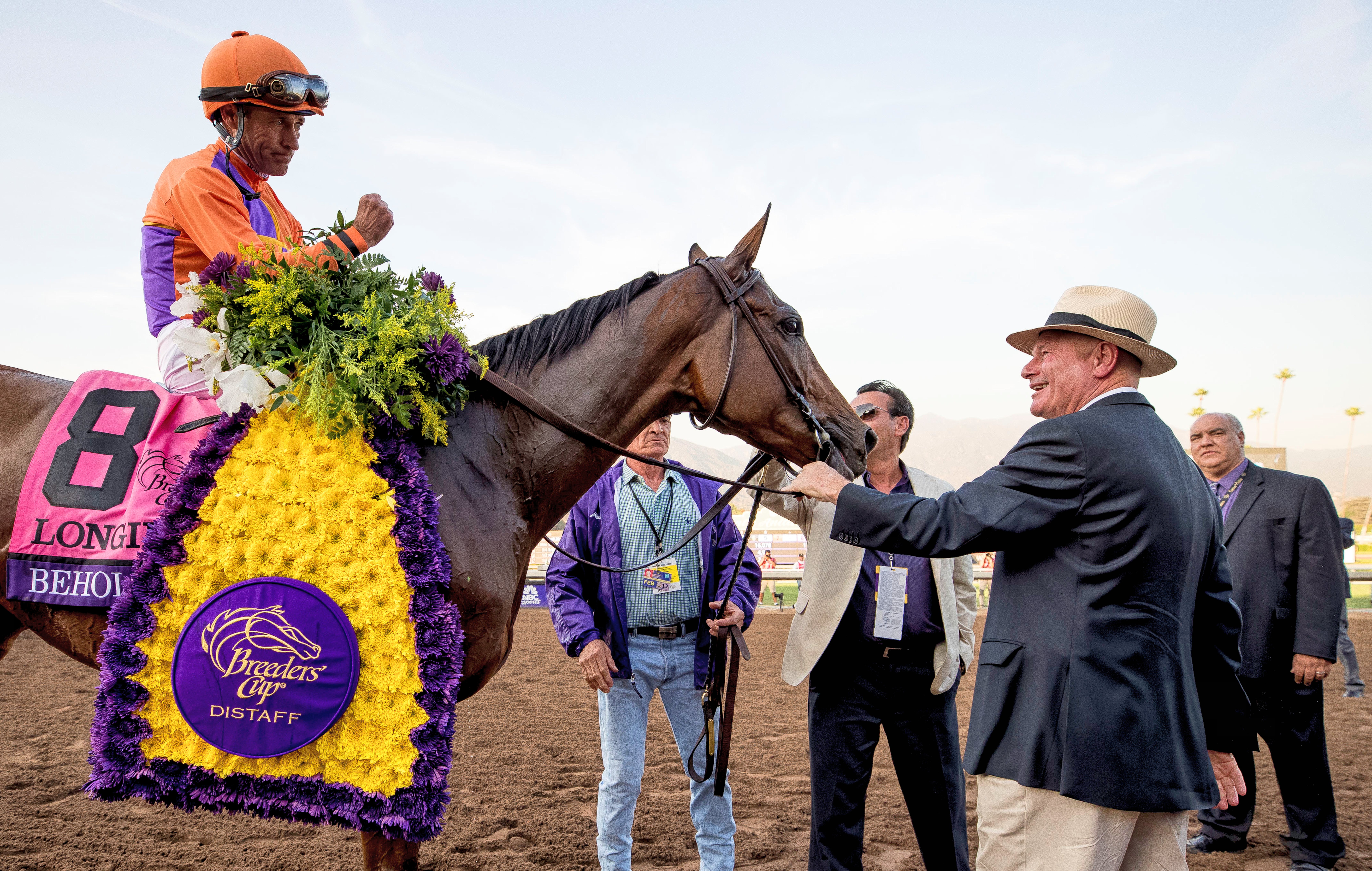 Beholder, Gary Stevens up, with trainer Richard Mandella after winning the 2013 Breeders' Cup Distaff at Santa Anita (Breeders' Cup/Eclipse Sportswire)